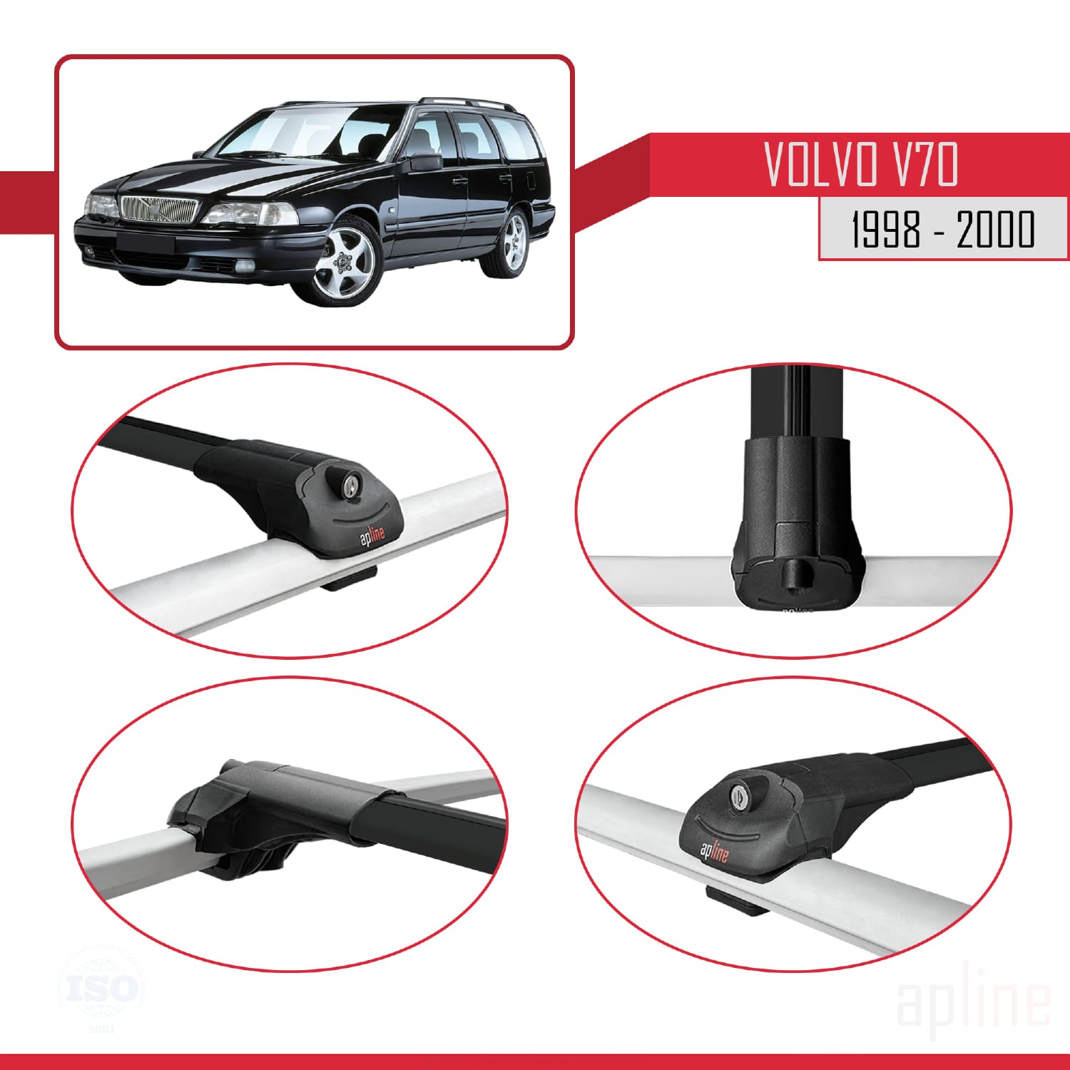 Compatible avec Volvo V70 1998-2000 ACE-1 Barres de Toit Railing Porte-Bagages de Voiture Noir Aluminium 3 Barres