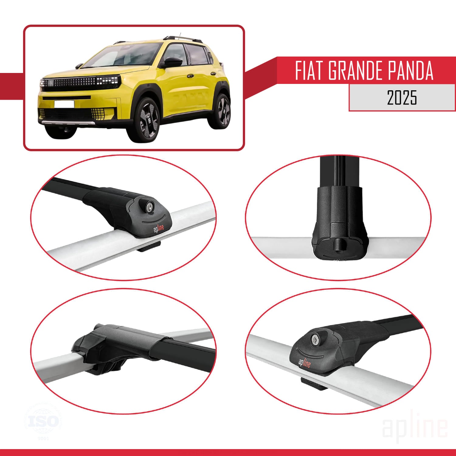 Compatible avec Fiat Grande Panda 2025 ACE-1 Barres de Toit Railing Porte-Bagages de Voiture Noir Aluminium 2 Barres