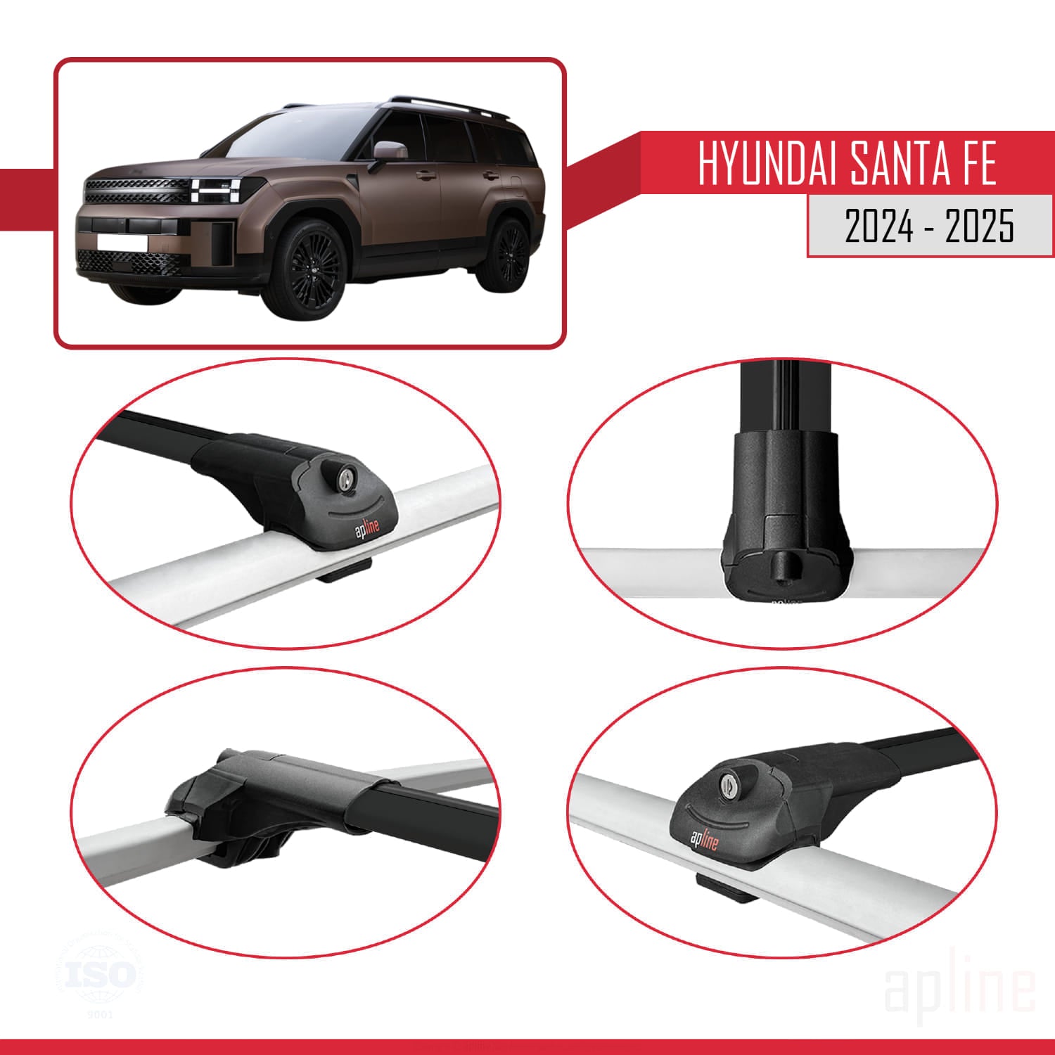 Compatible avec Hyundai Santa Fe 2024-2025 ACE-1 Barres de Toit Railing Porte-Bagages de Voiture Noir Aluminium 2 Barres