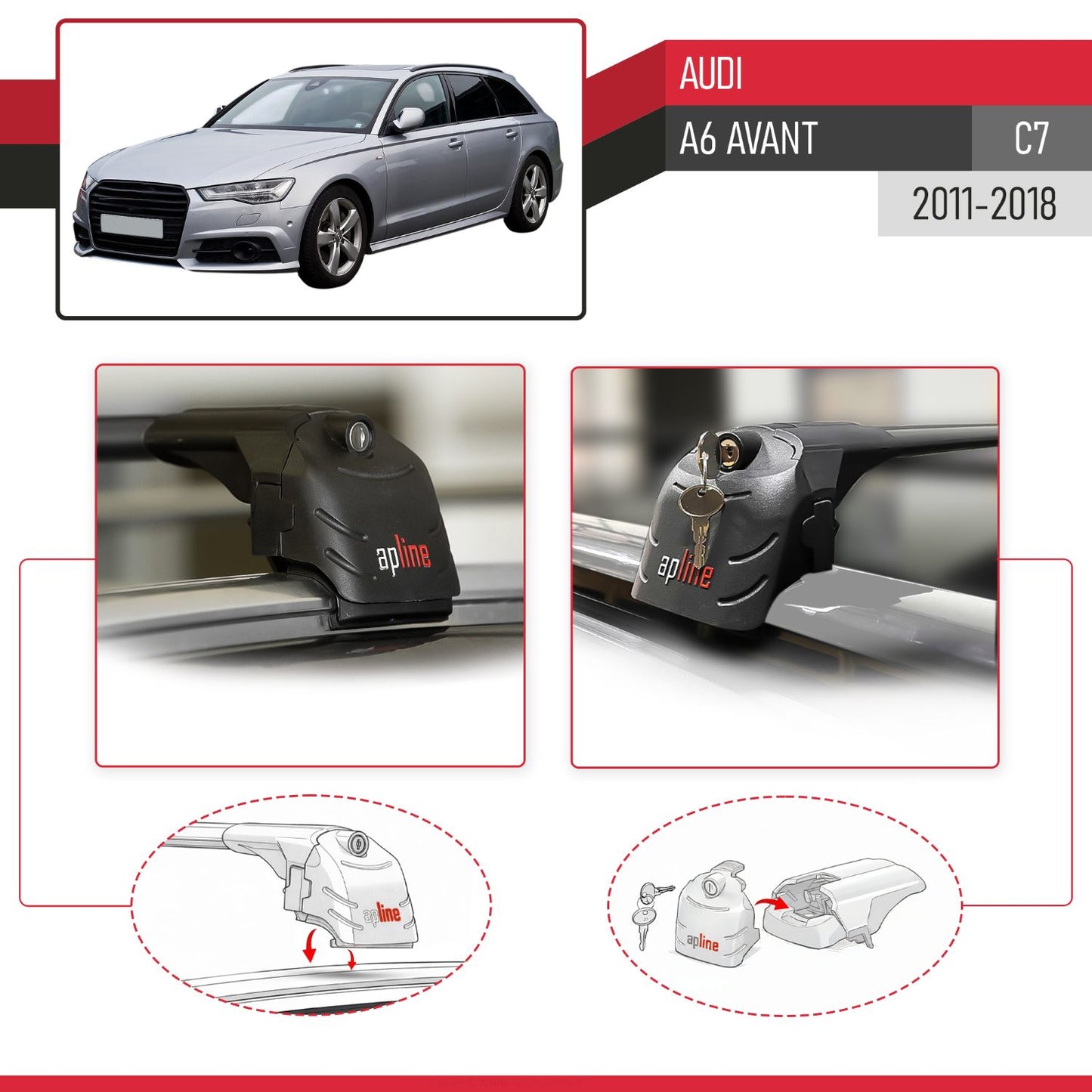 ACE-2 Dakdrager bagagedrager compatibel met A6 (C7) Avant 2011-2018 Spoorstaven Zwart Aluminium 2 Staven