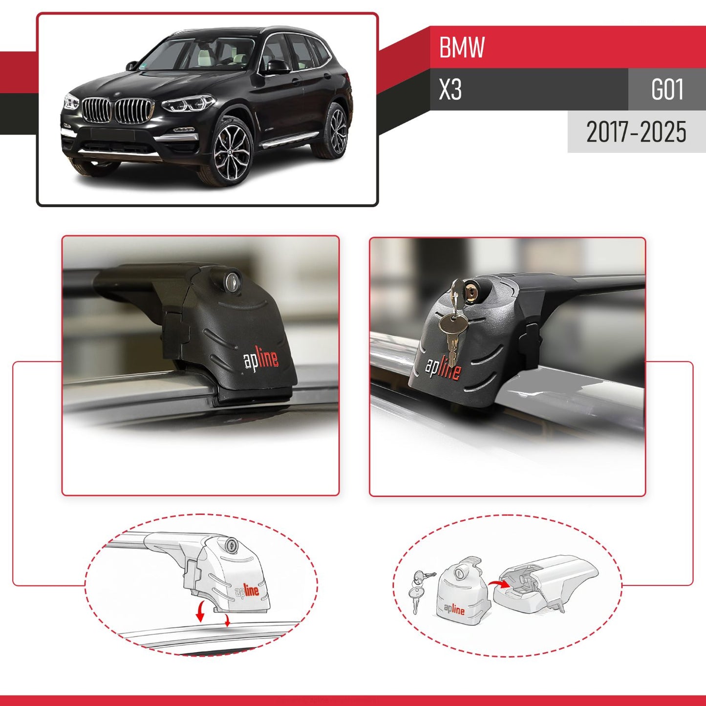 ACE-2 Dakdrager bagagedrager compatibel met BMW X3 (G01) 2018-2024 Spoorstaven Zwart Aluminium 2 Staven