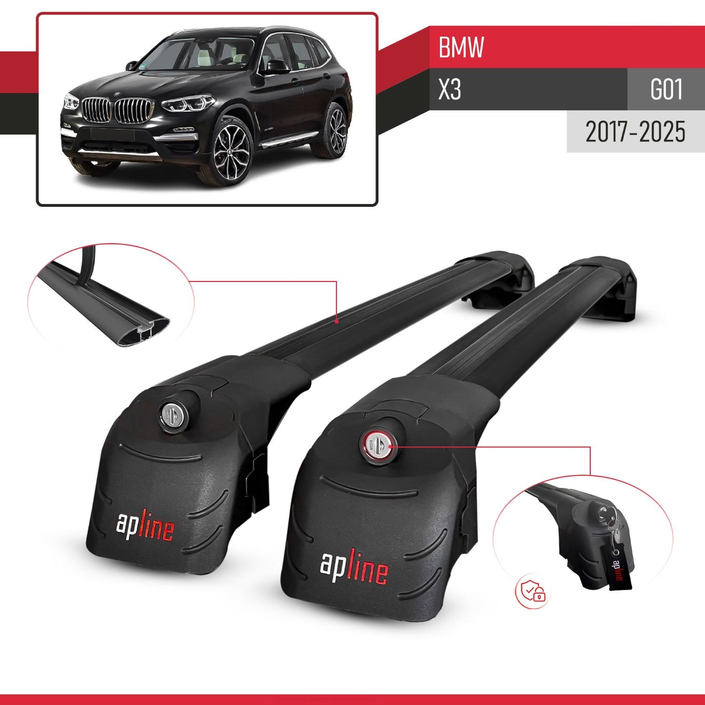 ACE-2 Dakdrager bagagedrager compatibel met BMW X3 (G01) 2018-2024 Spoorstaven Zwart Aluminium 2 Staven