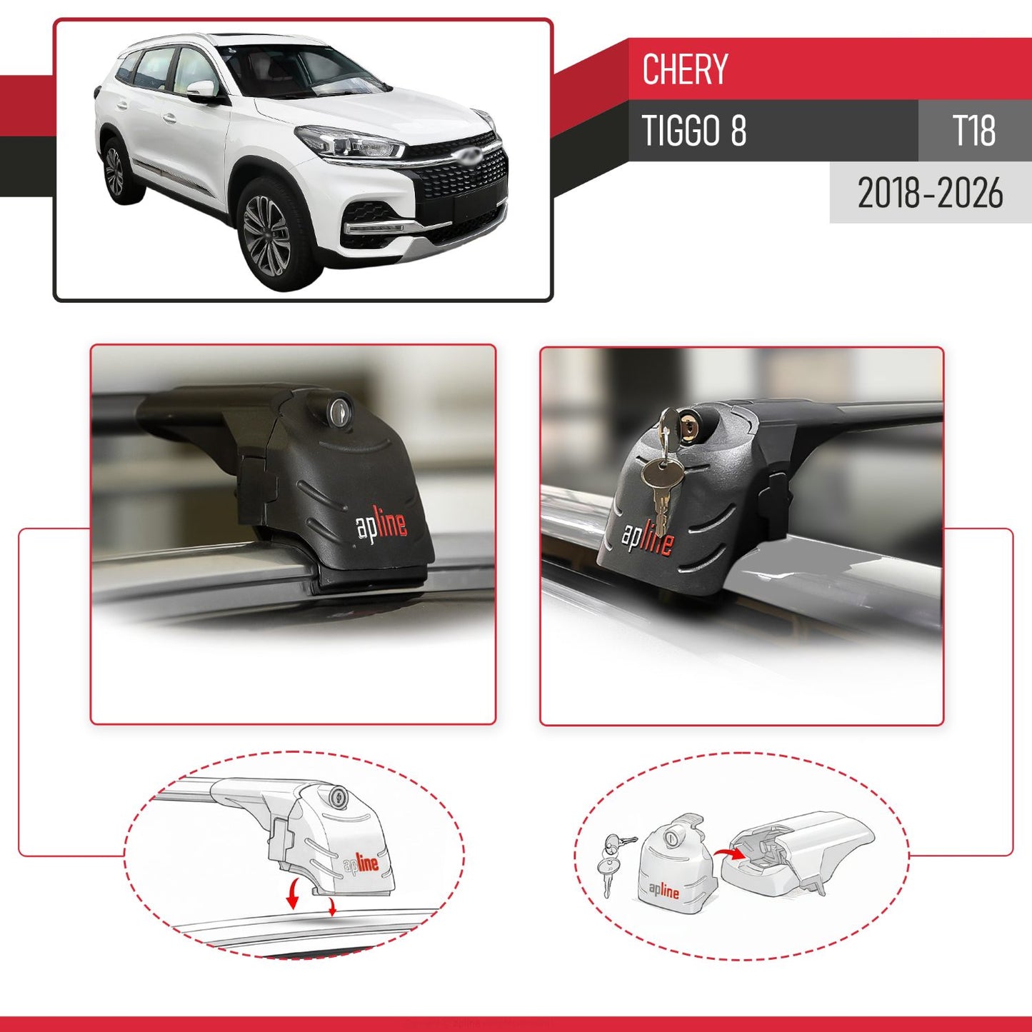ACE-2 Dakdrager bagagedrager compatibel met Chery Tiggo 8 2018-2024 Spoorstaven Zwart Aluminium 2 Staven