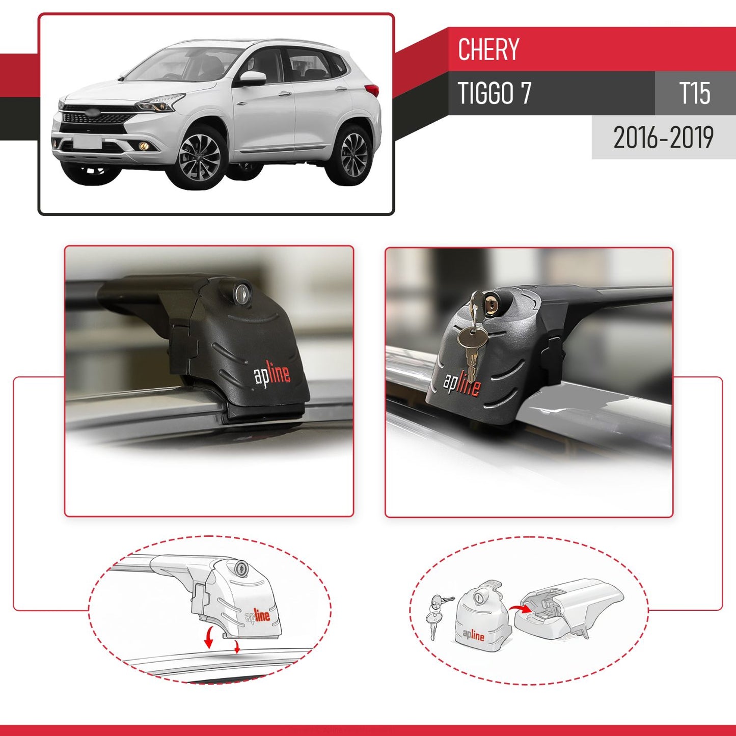 ACE-2 Dakdrager bagagedrager compatibel met Chery Tiggo 7 (T15) 2016-2019 Spoorstaven Zwart Aluminium 2 Staven