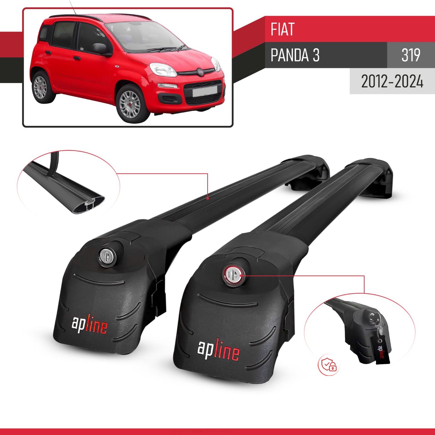 ACE-2 Dakdrager bagagedrager compatibel met Fiat Panda 3 (319) 2012-2024 Spoorstaven Zwart Aluminium 2 Staven