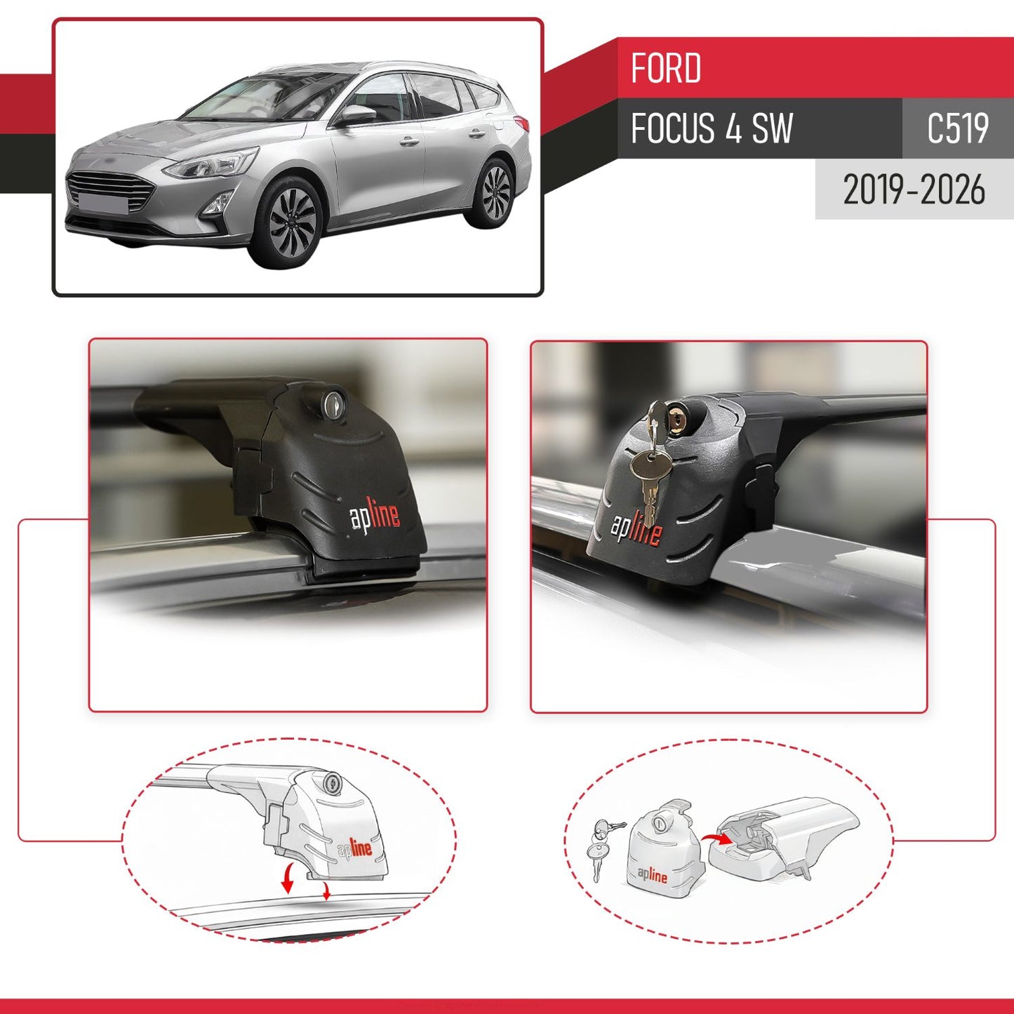 ACE-2 Dakdrager bagagedrager compatibel met Ford Focus 4 (C519) SW 2019-2025 Spoorstaven Zwart Aluminium 2 Staven