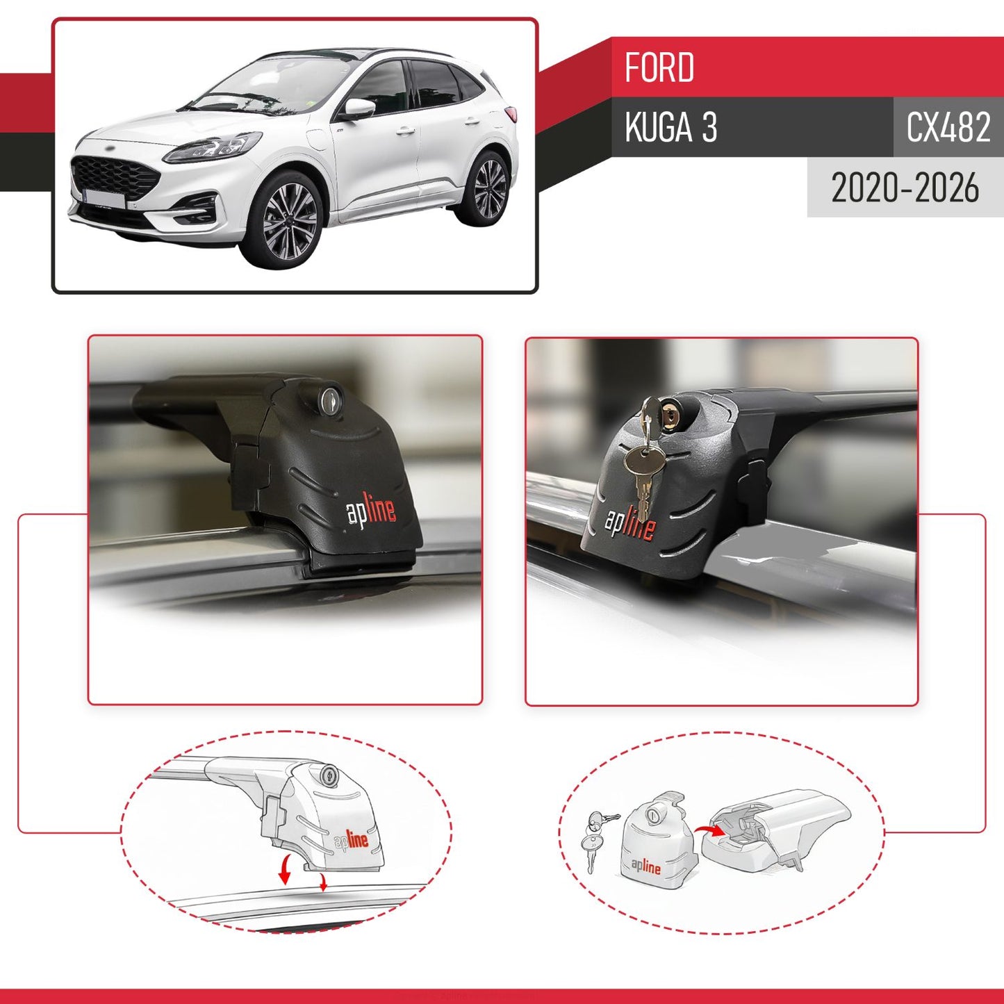 ACE-2 Dakdrager bagagedrager compatibel met Ford Kuga 3 (CX482) 2020-2025 Spoorstaven Zwart Aluminium 2 Staven