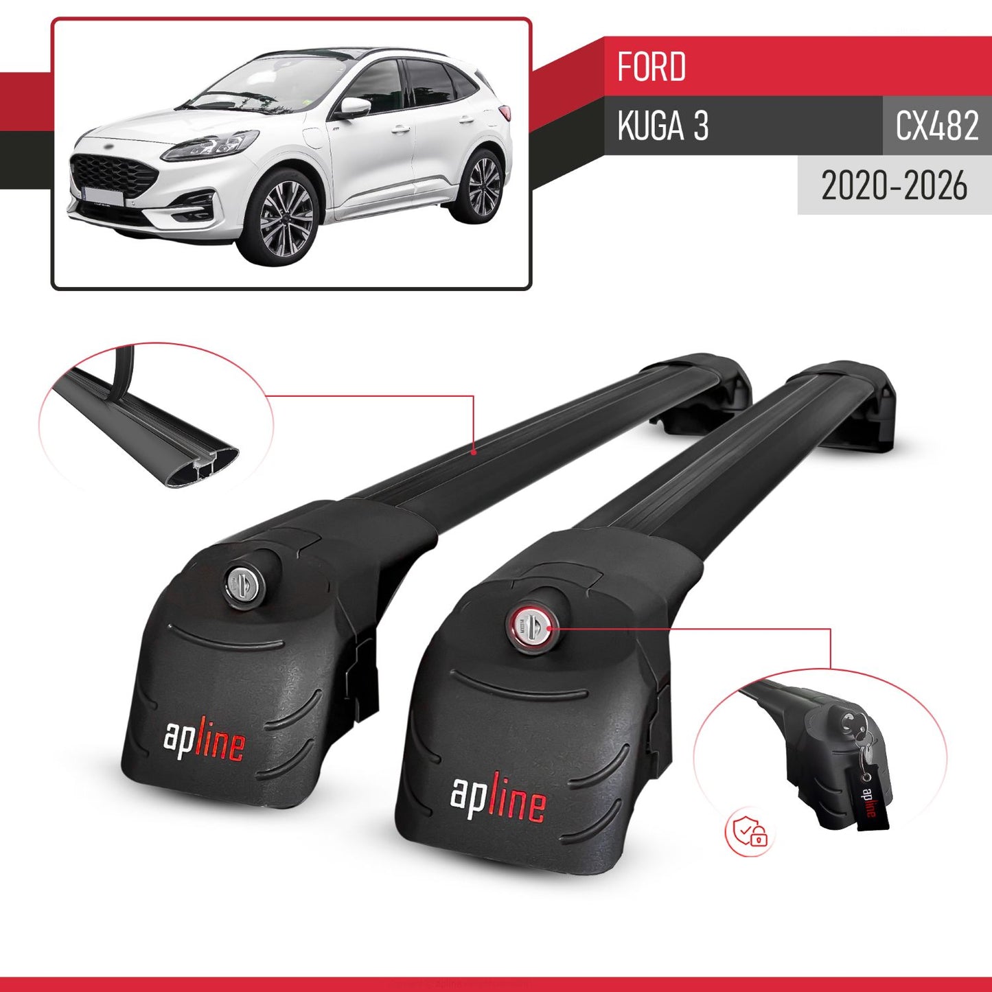 ACE-2 Dakdrager bagagedrager compatibel met Ford Kuga 3 (CX482) 2020-2025 Spoorstaven Zwart Aluminium 2 Staven