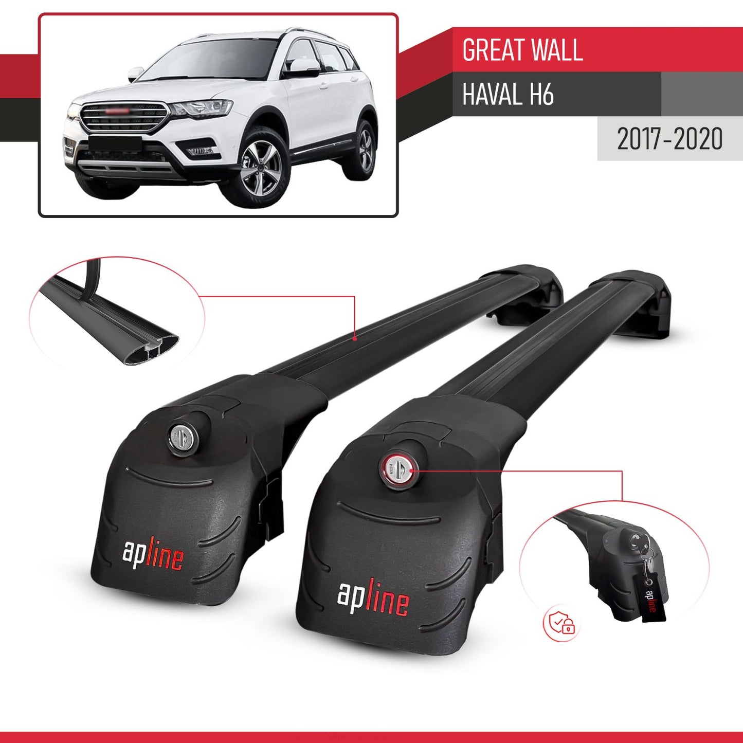 Compatible with Great Wall Haval H6 Pre-Facelift 2017-2020 ACE-2 Car Roof Rack Cross Bar Black Aluminium 2 Bars