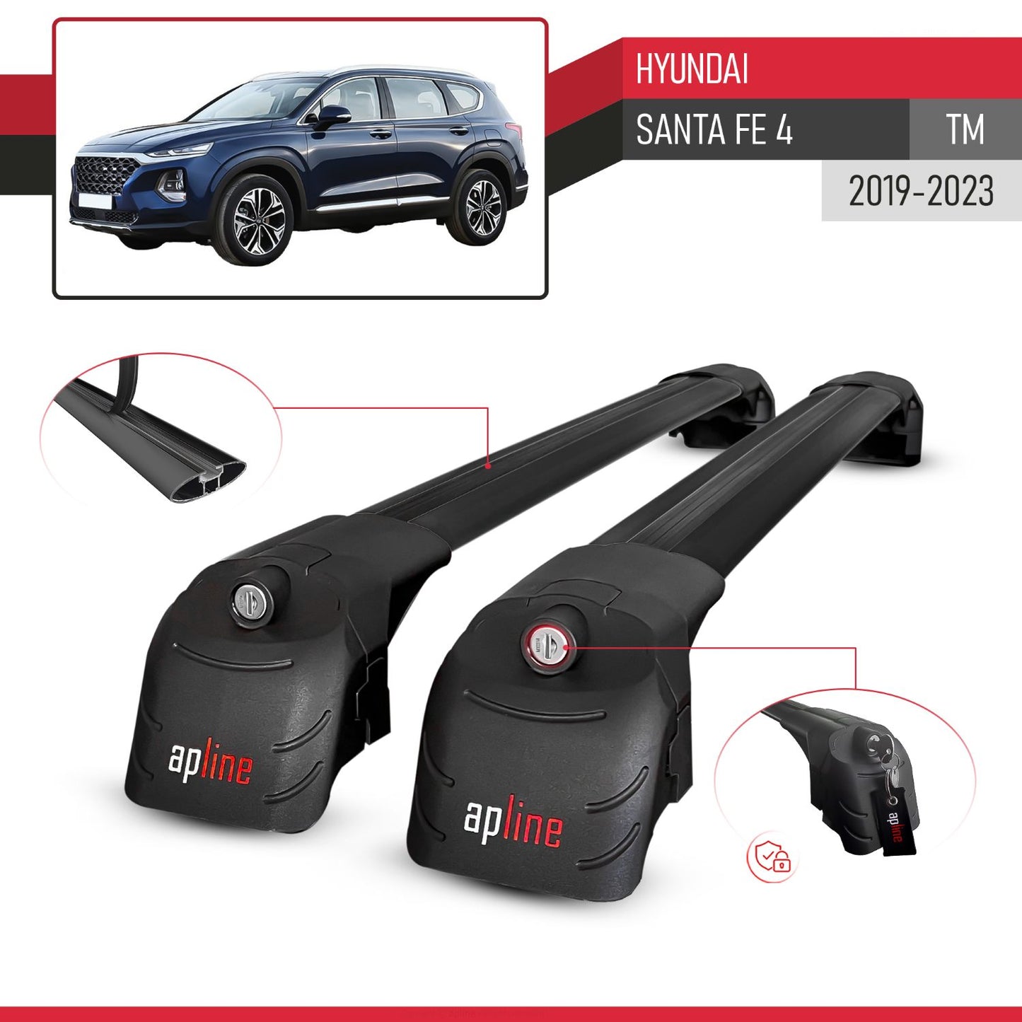 ACE-2 Dakdrager bagagedrager compatibel met Hyundai Santa Fe 4 (TM) 2019-2023 Spoorstaven Zwart Aluminium 2 Staven