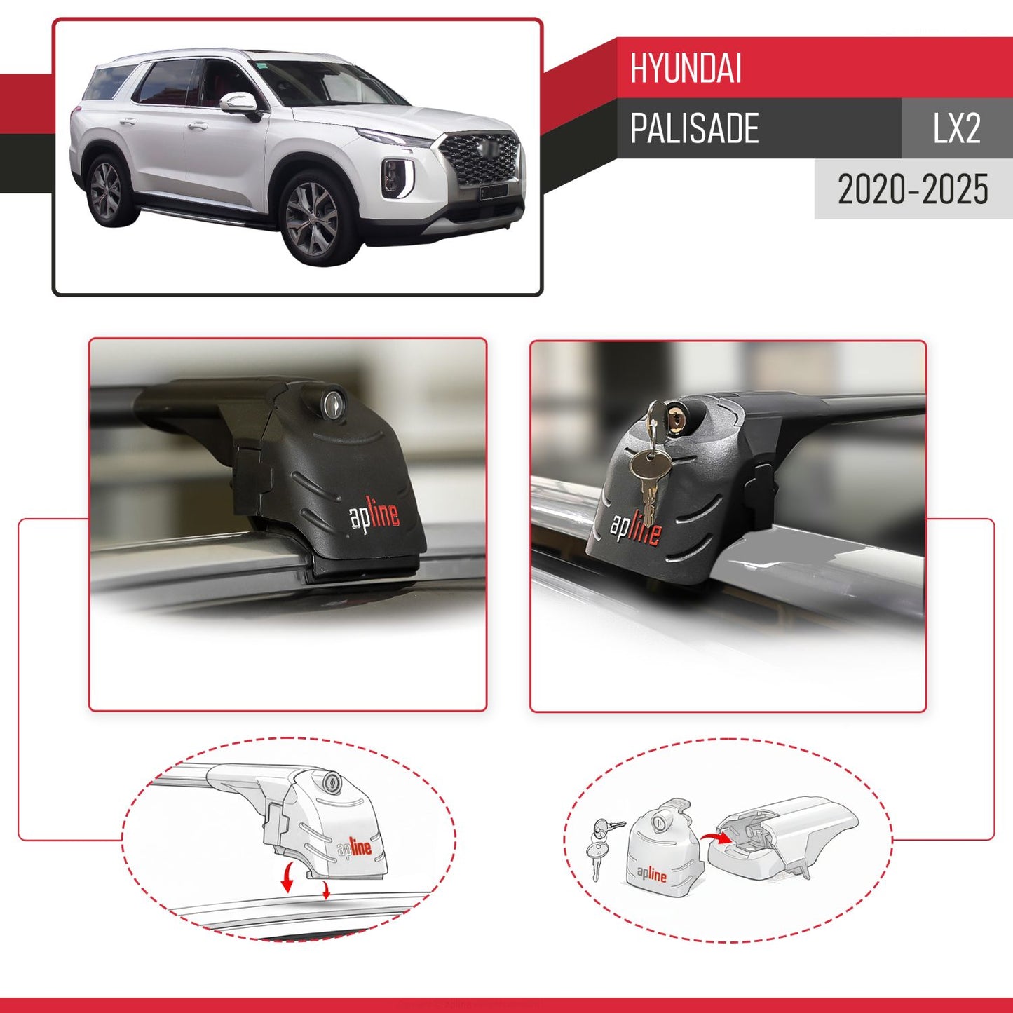 ACE-2 Dakdrager bagagedrager compatibel met Hyundai Palisade (LX2) 2020-2025 Spoorstaven Zwart Aluminium 2 Staven