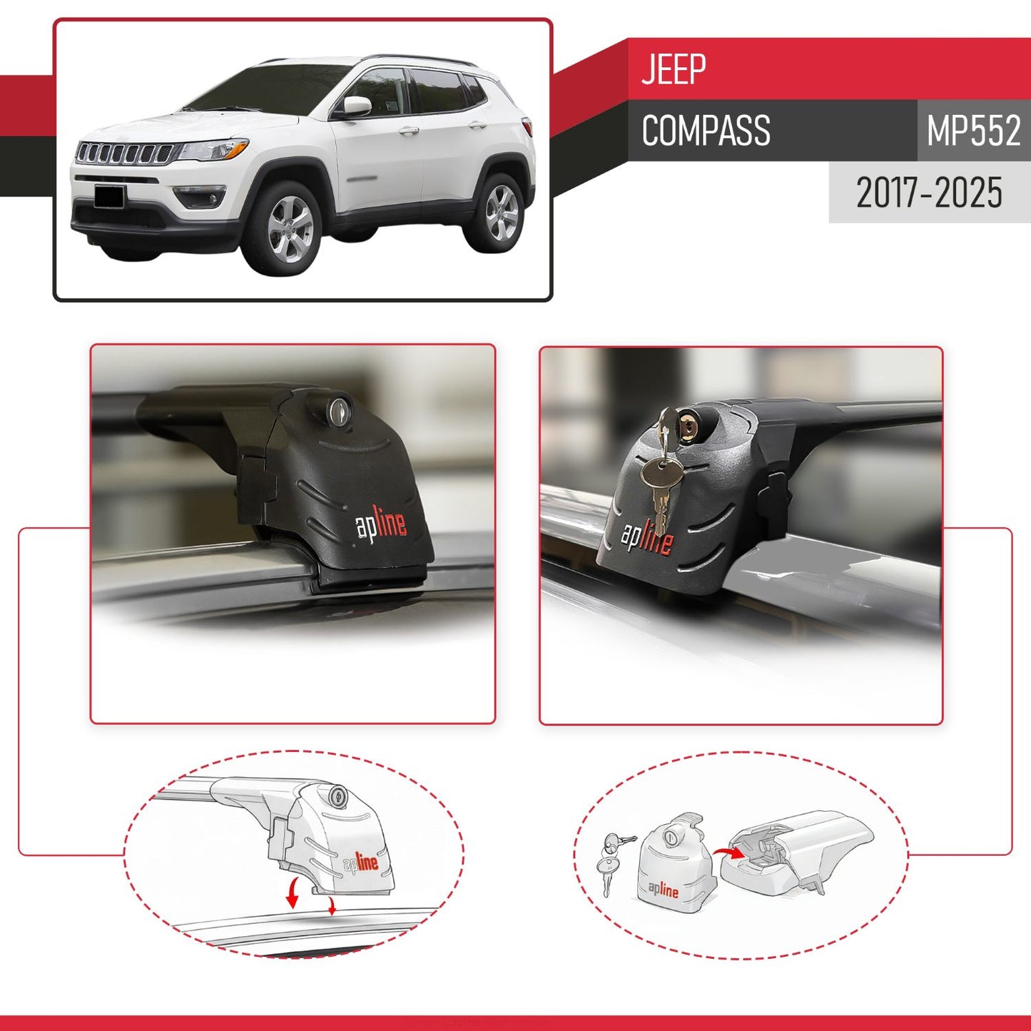 ACE-2 Dakdrager bagagedrager compatibel met Jeep Compass 2017-2025 Spoorstaven Zwart Aluminium 2 Staven
