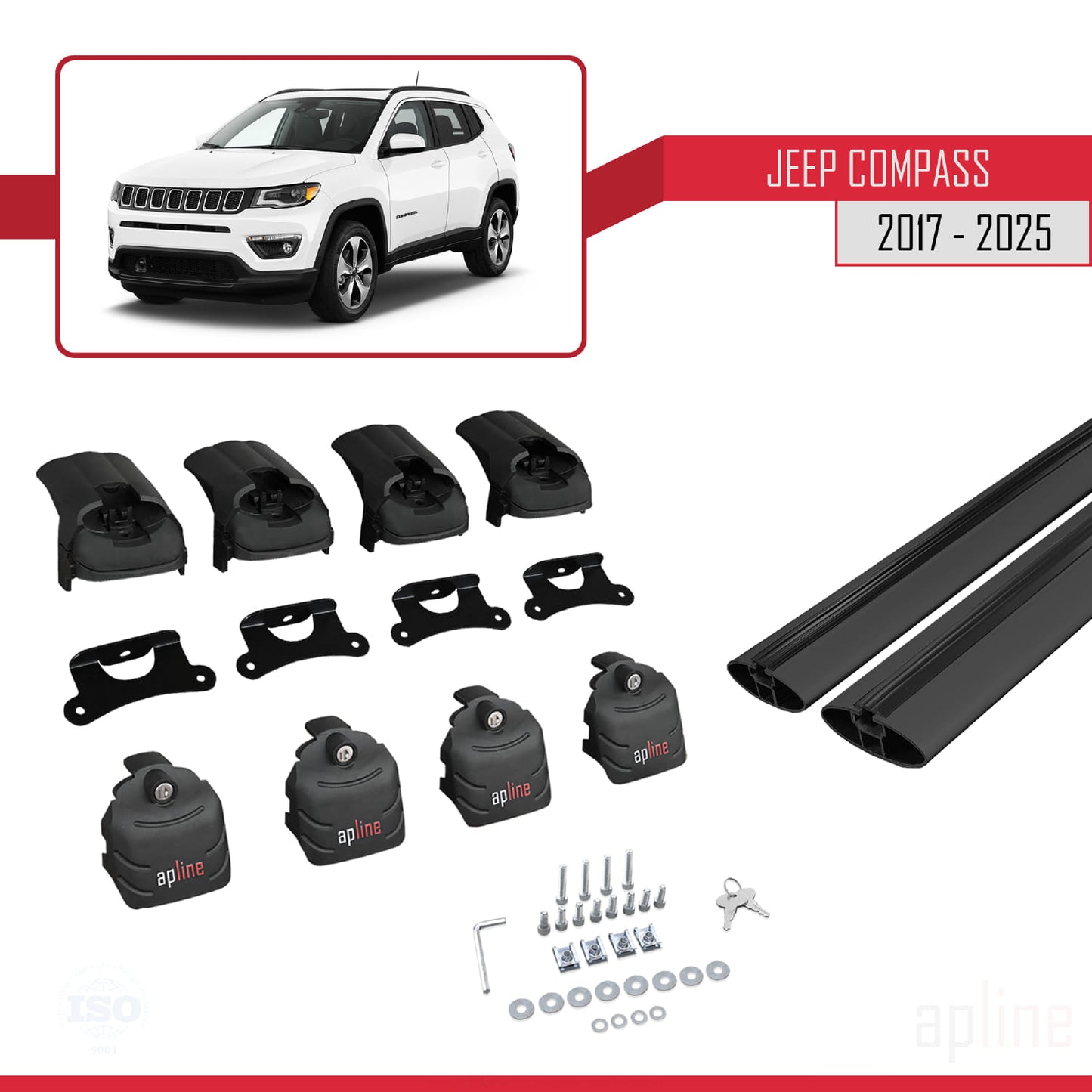 Compatible with Jeep Compass 2017-2025 ACE-2 Car Roof Rack Cross Bar Black Aluminium 2 Bars
