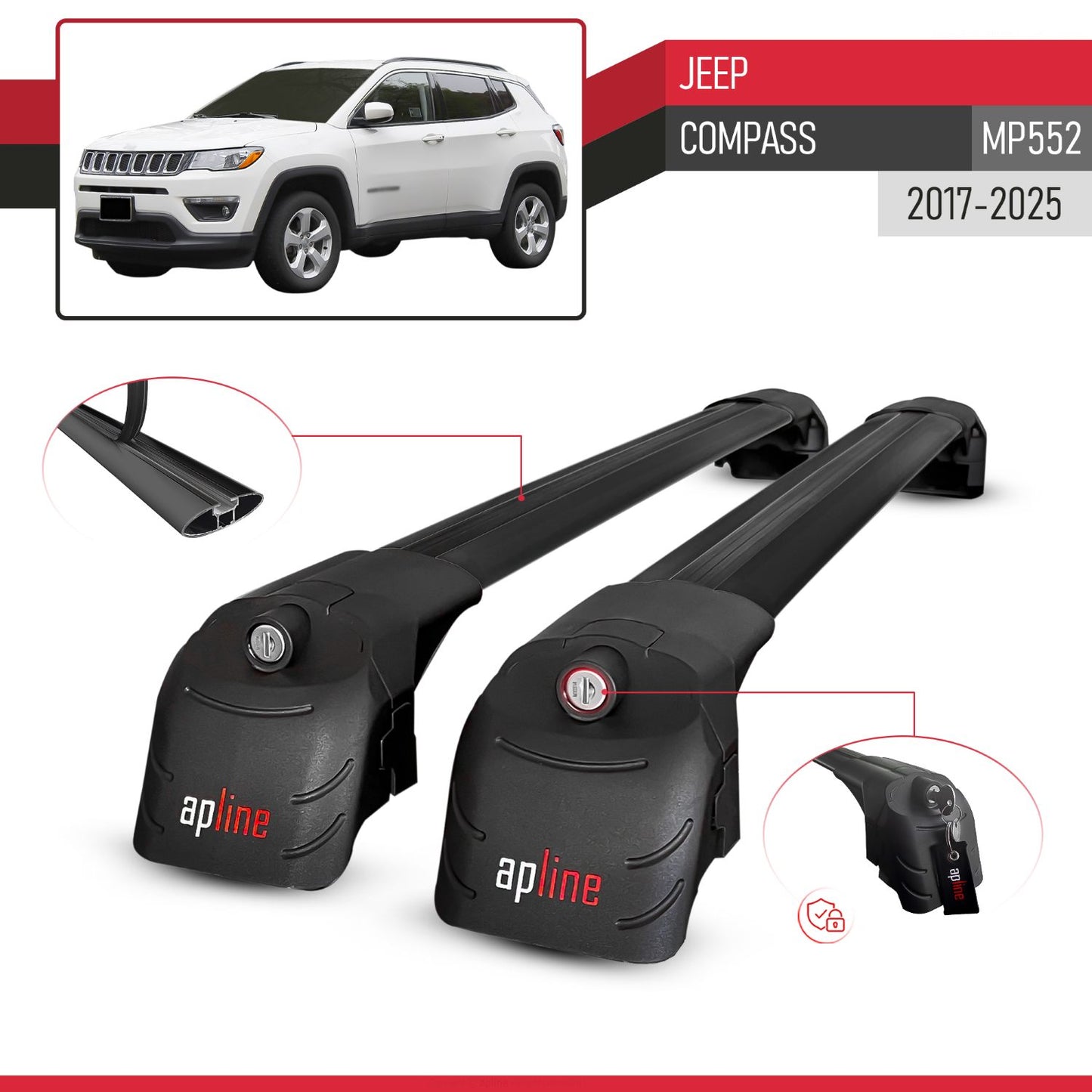 ACE-2 Dakdrager bagagedrager compatibel met Jeep Compass 2017-2025 Spoorstaven Zwart Aluminium 2 Staven