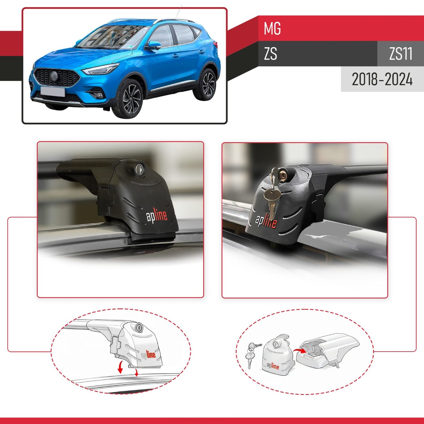 ACE-2 Dakdrager bagagedrager compatibel met MG ZS 2018-2024 Spoorstaven Zwart Aluminium 2 Staven