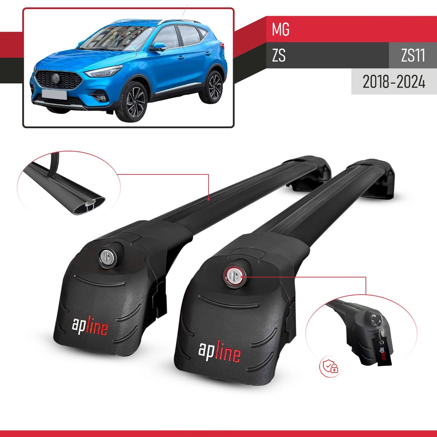 ACE-2 Dakdrager bagagedrager compatibel met MG ZS 2018-2024 Spoorstaven Zwart Aluminium 2 Staven