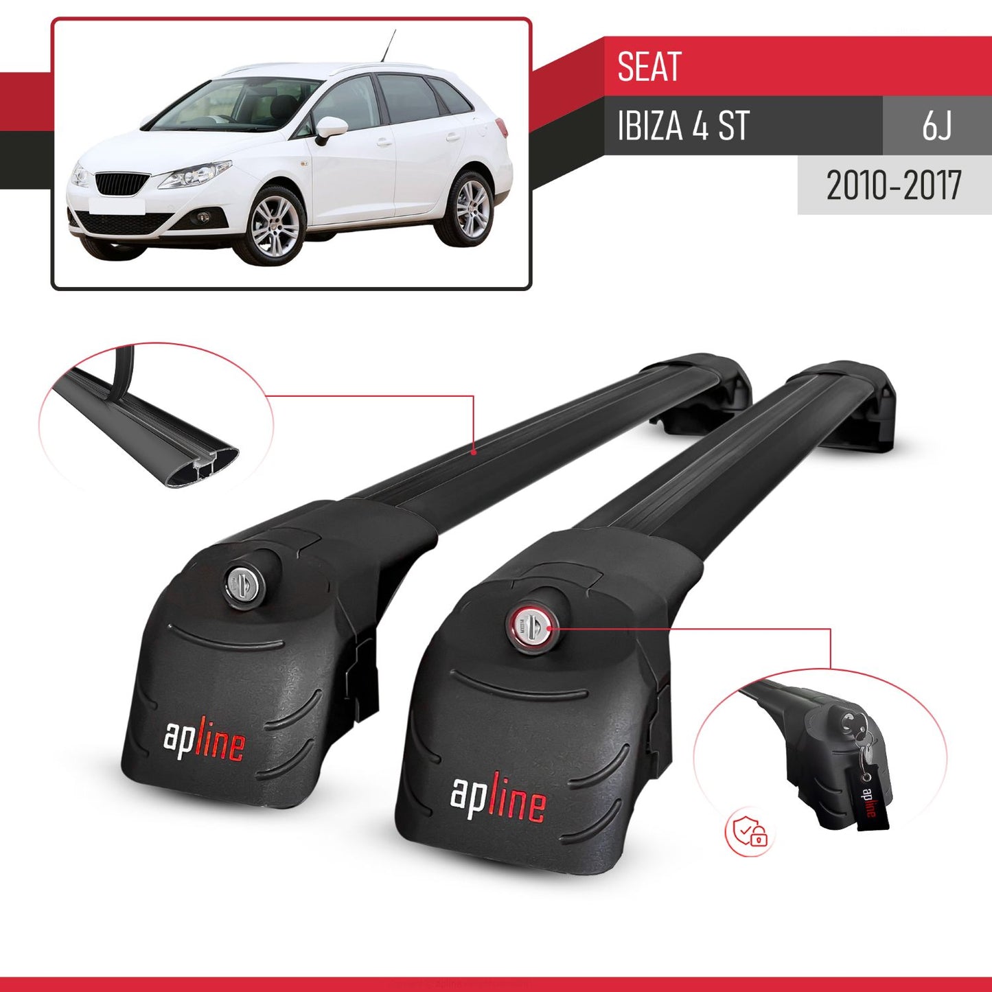 Compatible with Seat Ibiza 4 (6J) ST 2010-2017 ACE-2 Car Roof Rack Cross Bar Black Aluminium 2 Bars