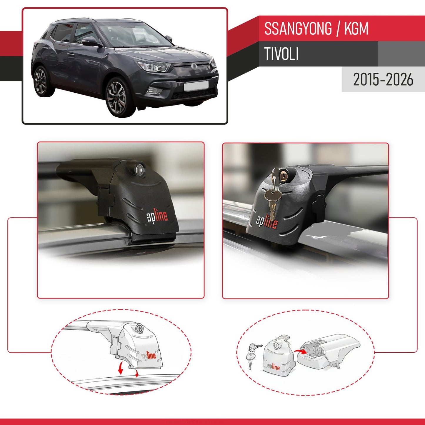 Compatible with Ssangyong Tivoli 2015-2025 ACE-2 Car Roof Rack Cross Bar Black Aluminium 2 Bars