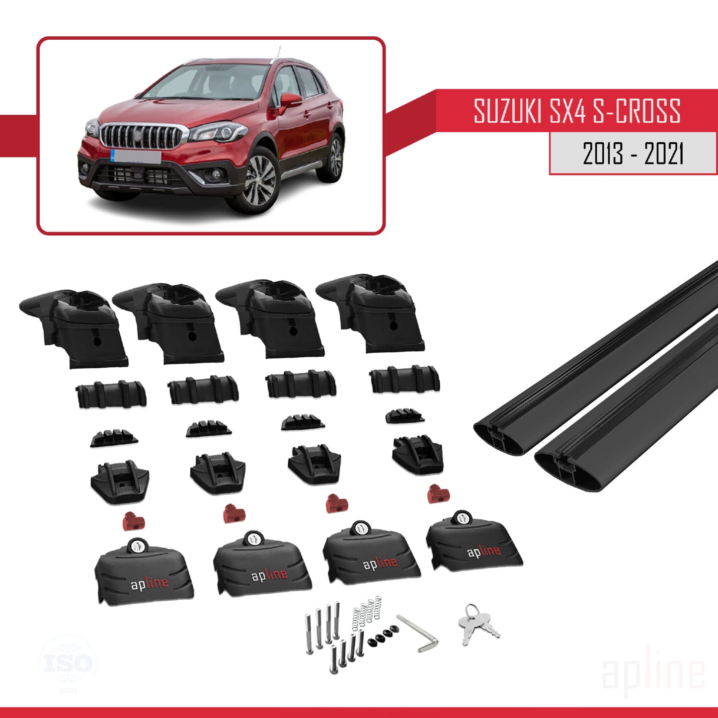 ACE-2 Dakdrager bagagedrager compatibel met Suzuki SX4 S-Cross 3 (JYB) 2013-2021 Spoorstaven Zwart Aluminium 2 Staven