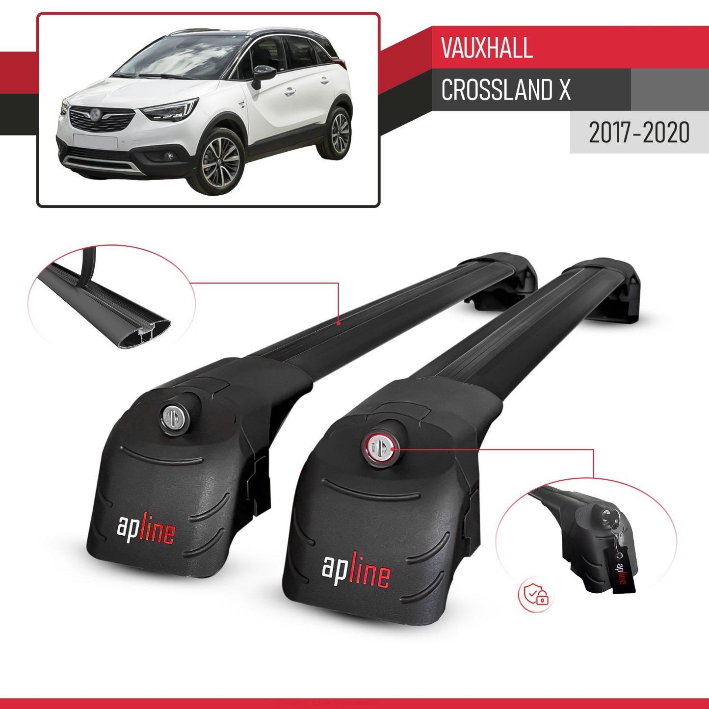 Compatible with Vauxhall Crossland X 2017-2020 ACE-2 Car Roof Rack Cross Bar Black Aluminium 2 Bars