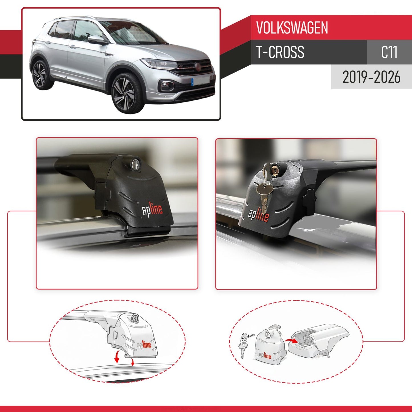 Compatible with Volkswagen T-Cross (C11) 2019-2025 ACE-2 Car Roof Rack Cross Bar Black Aluminium 2 Bars