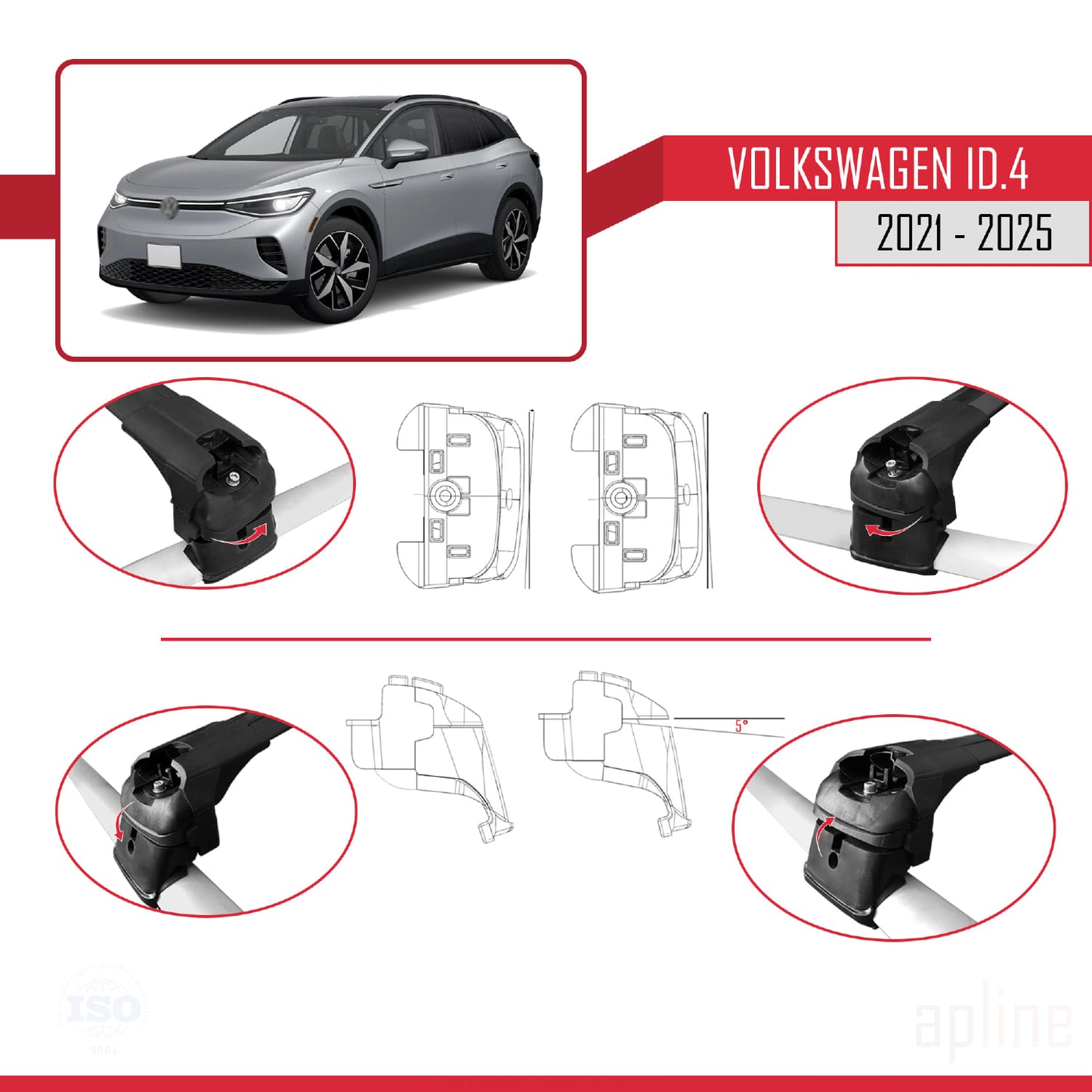 Compatible with Volkswagen ID.4 2020-2025 ACE-2 Car Roof Rack Cross Bar Black Aluminium 2 Bars