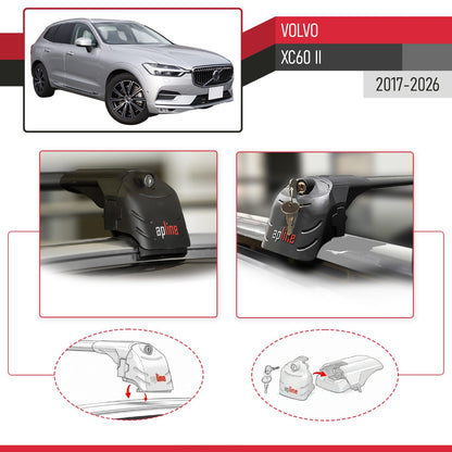 Compatible with Volvo XC60 II 2017-2025 ACE-2 Car Roof Rack Cross Bar Black Aluminium 2 Bars