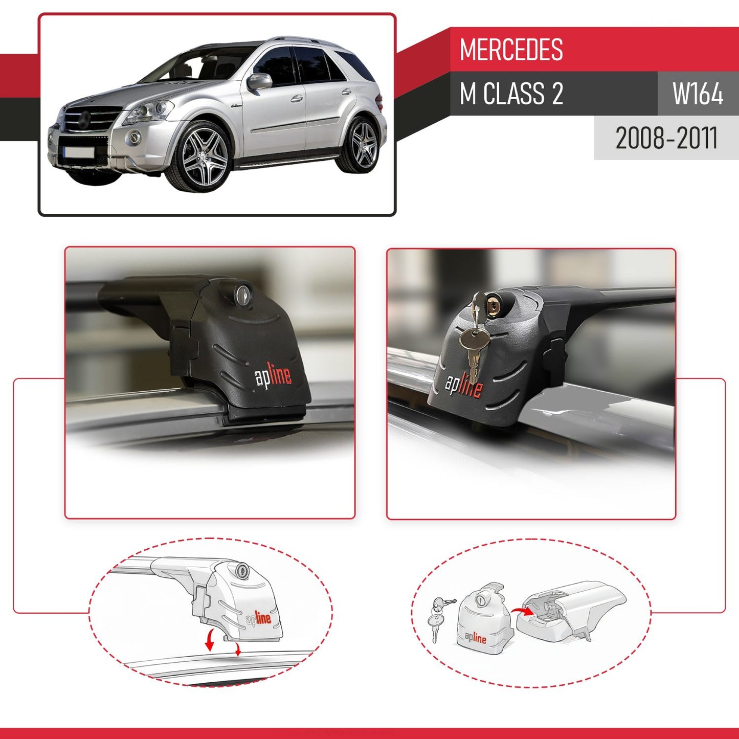 Compatible with Mercedes M Class 2 (W164) Post-Facelift 2008-2011 ACE-2 Car Roof Rack Cross Bar Black Aluminium 2 Bars