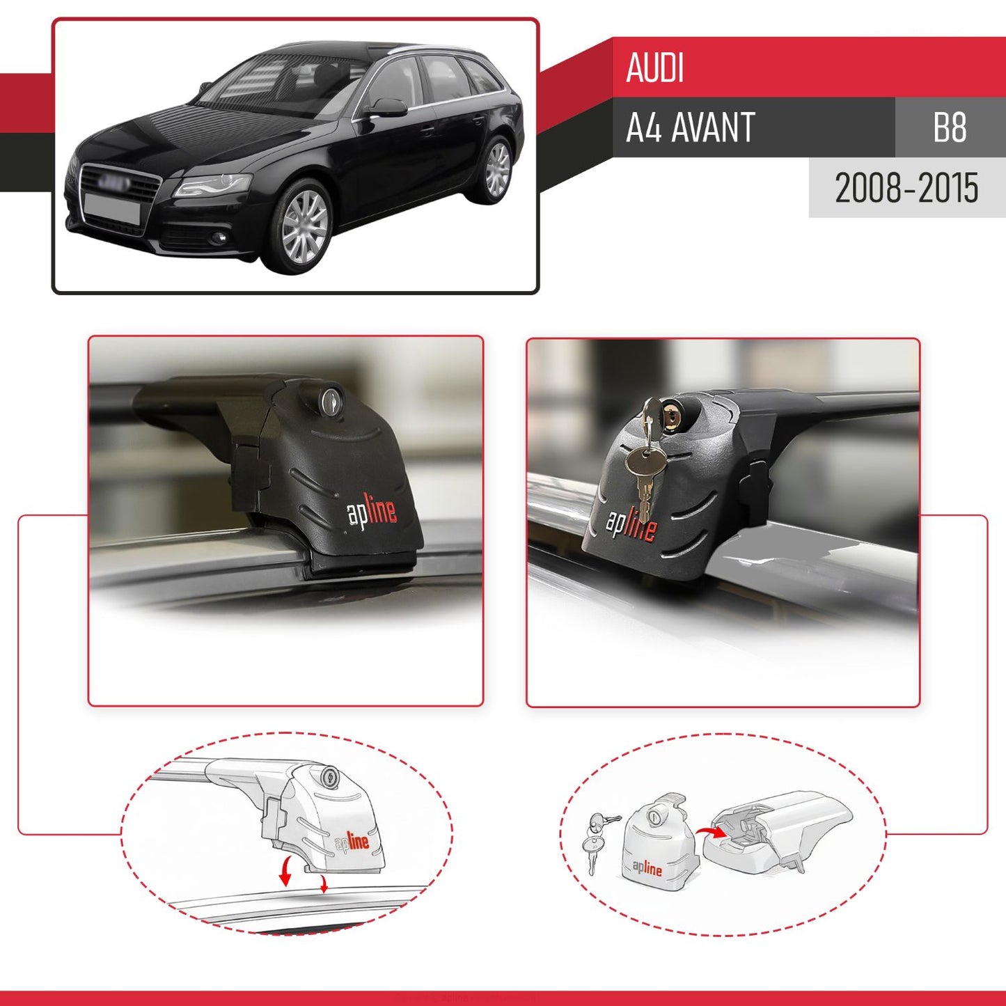 ACE-2 Dakdrager bagagedrager compatibel met A4 (B8) Avant 2008-2015 Spoorstaven Zwart Aluminium 2 Staven