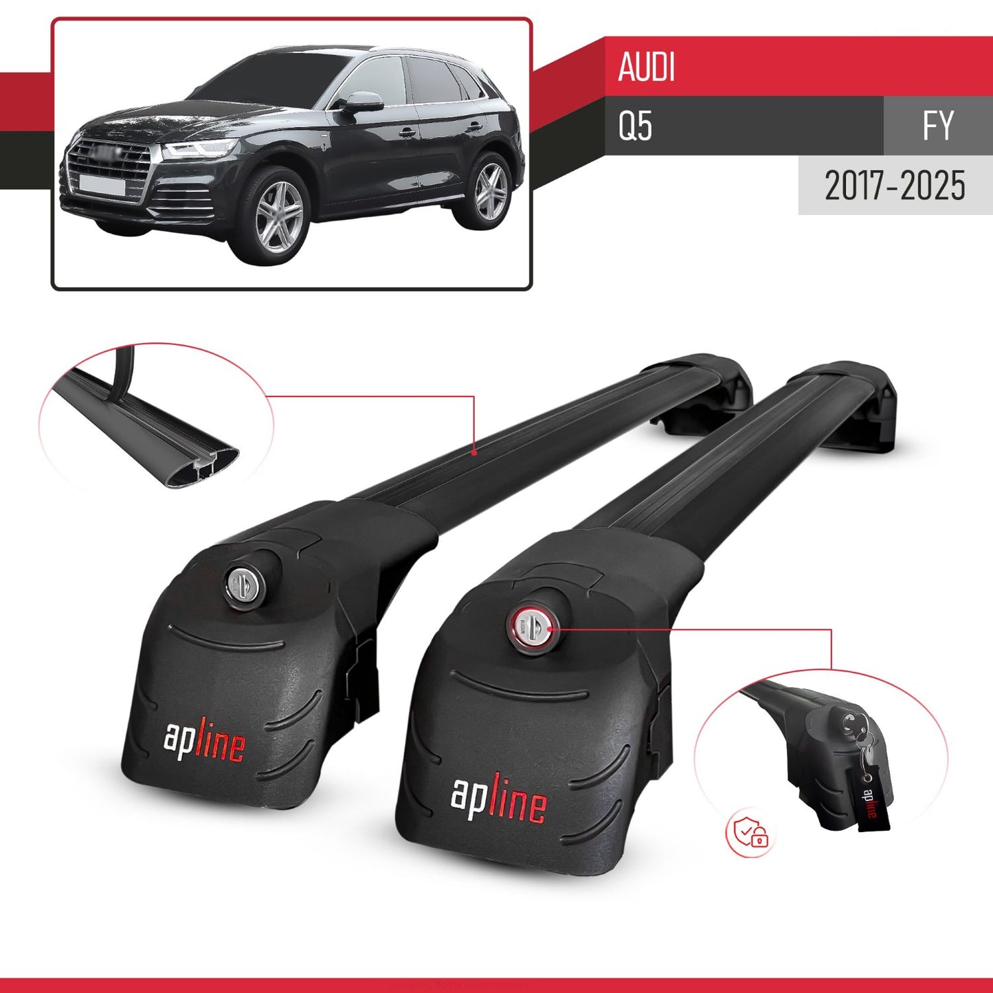 Compatible with Q5 (FY) 2017-2024 ACE-2 Car Roof Rack Cross Bar Black Aluminium 2 Bars