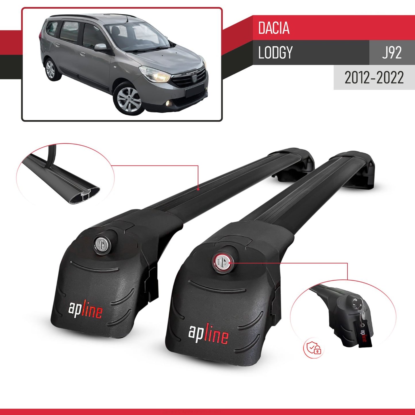 ACE-2 Dakdrager bagagedrager compatibel met Dacia Lodgy (J92) 2012-2022 Spoorstaven Zwart Aluminium 2 Staven