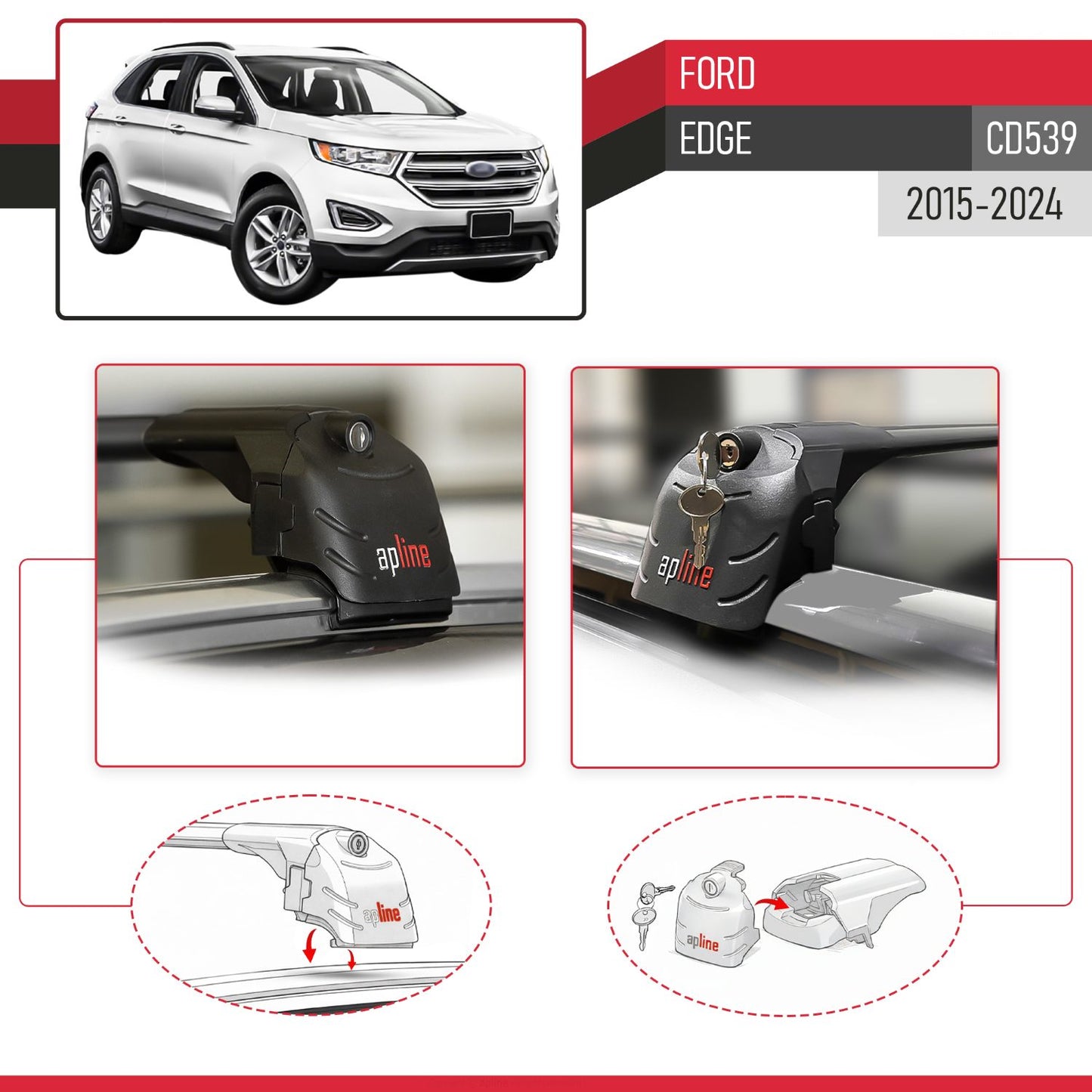 ACE-2 Dakdrager bagagedrager compatibel met Ford Edge (CD539) 2016-2021 Spoorstaven Zwart Aluminium 2 Staven