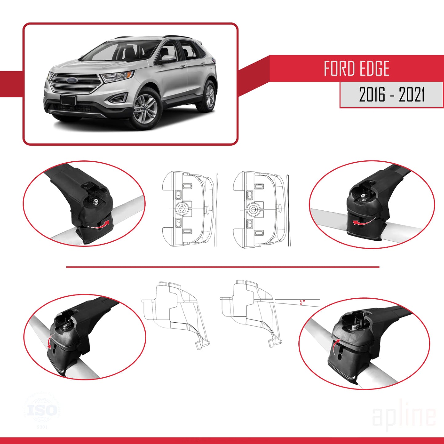 Compatible avec Ford Edge (CD539) 2016-2021 ACE-2 Barres de Toit Railing Porte-Bagages de Voiture Noir Aluminium 2 Barres