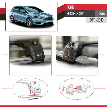 ACE-2 Dakdrager bagagedrager compatibel met Ford Focus 3 (C346) SW 2011-2018 Spoorstaven Zwart Aluminium 2 Staven