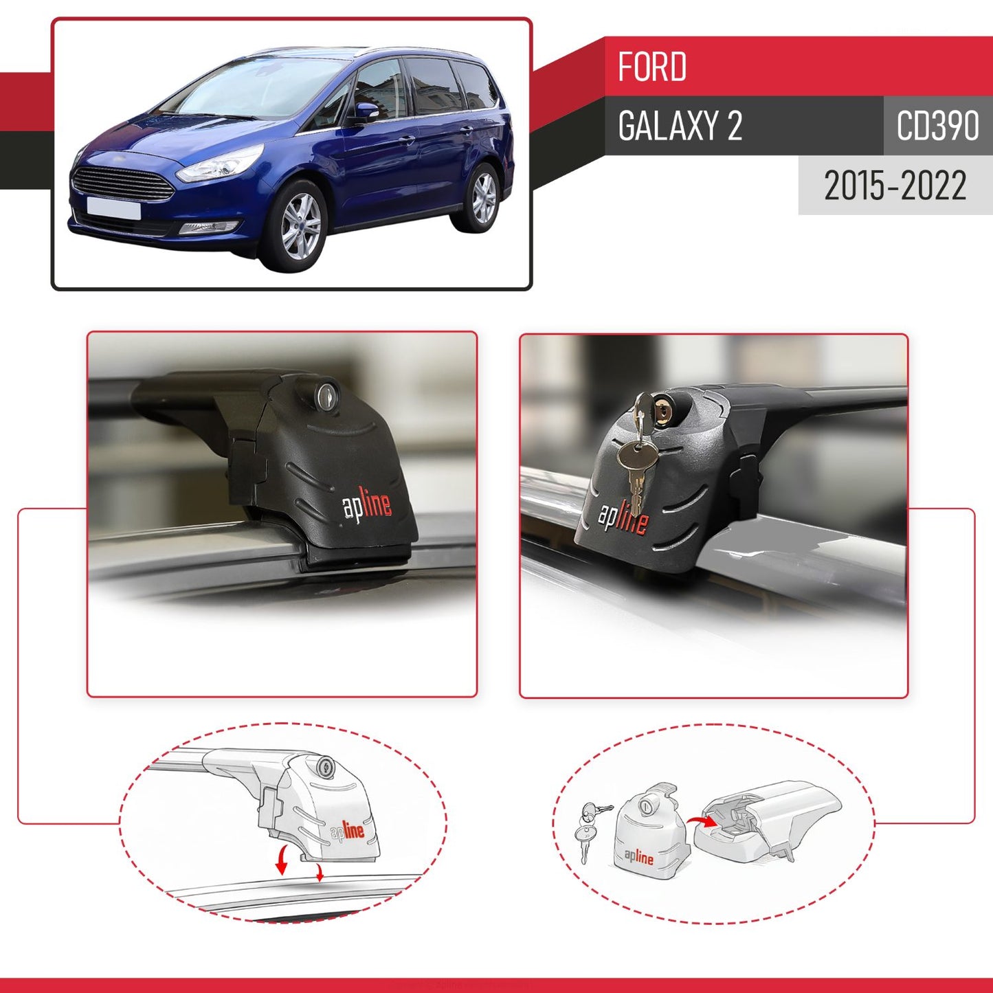 ACE-2 Dakdrager bagagedrager compatibel met Ford Galaxy 2 (CD390) 2015-2022 Spoorstaven Zwart Aluminium 2 Staven