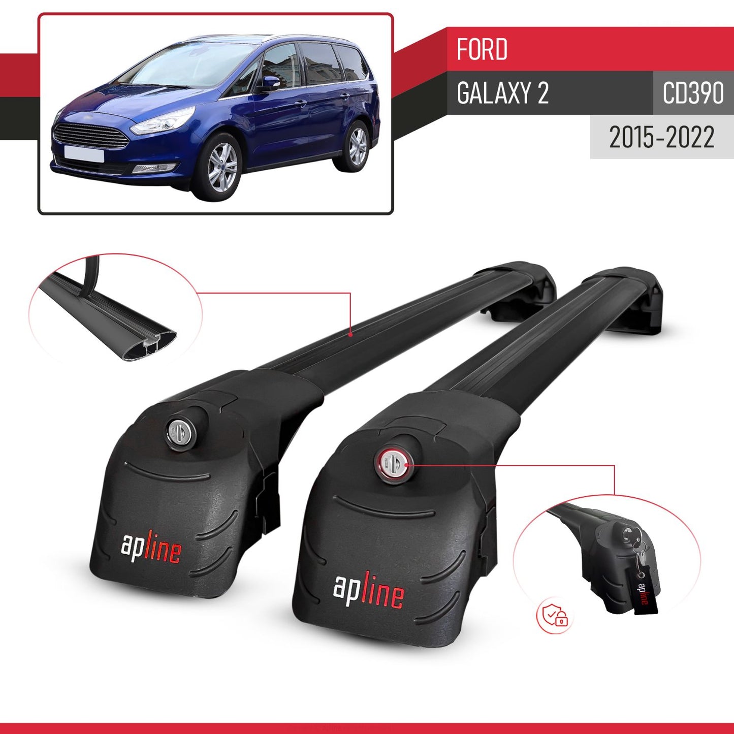ACE-2 Dakdrager bagagedrager compatibel met Ford Galaxy 2 (CD390) 2015-2022 Spoorstaven Zwart Aluminium 2 Staven