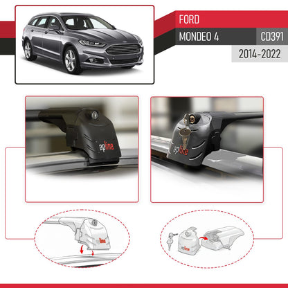 ACE-2 Dakdrager bagagedrager compatibel met Ford Mondeo 4 (CD391) 2014-2022 Spoorstaven Zwart Aluminium 2 Staven
