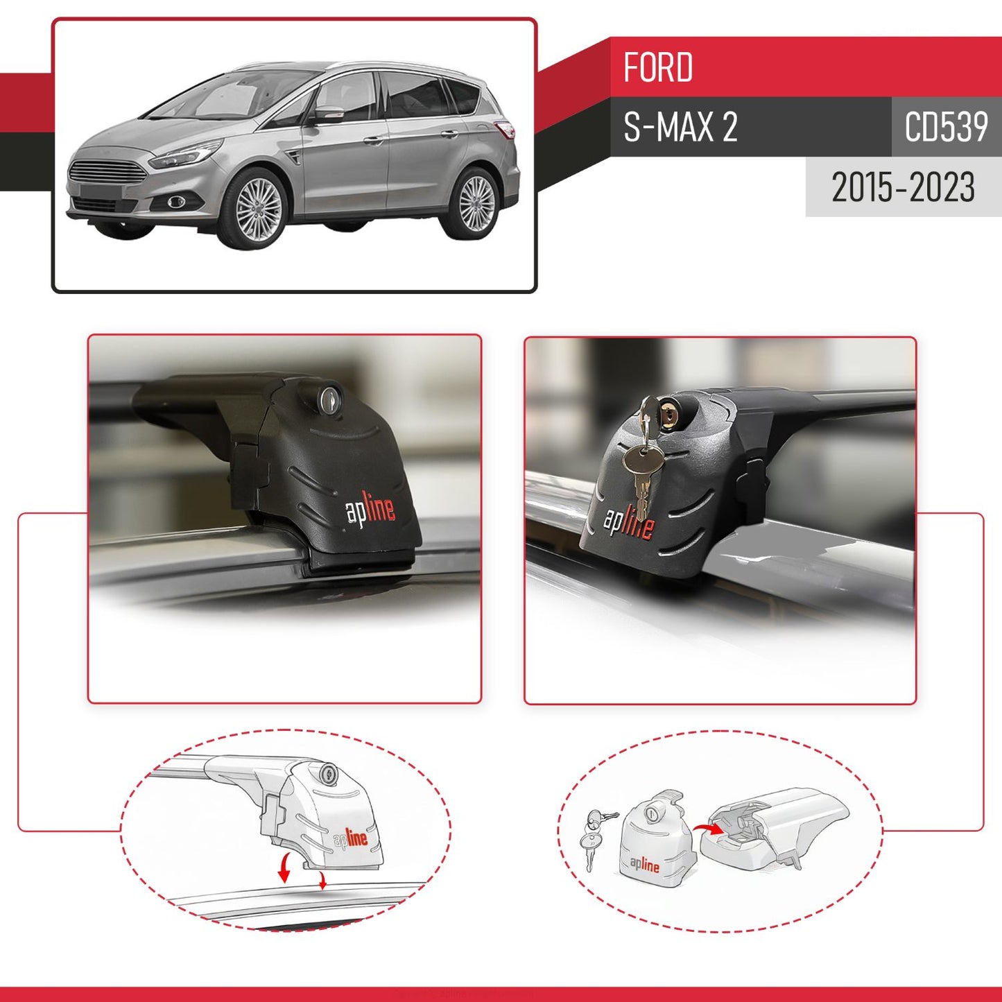 ACE-2 Dakdrager bagagedrager compatibel met Ford S-Max 2 (CD539) 2015-2023 Spoorstaven Zwart Aluminium 2 Staven