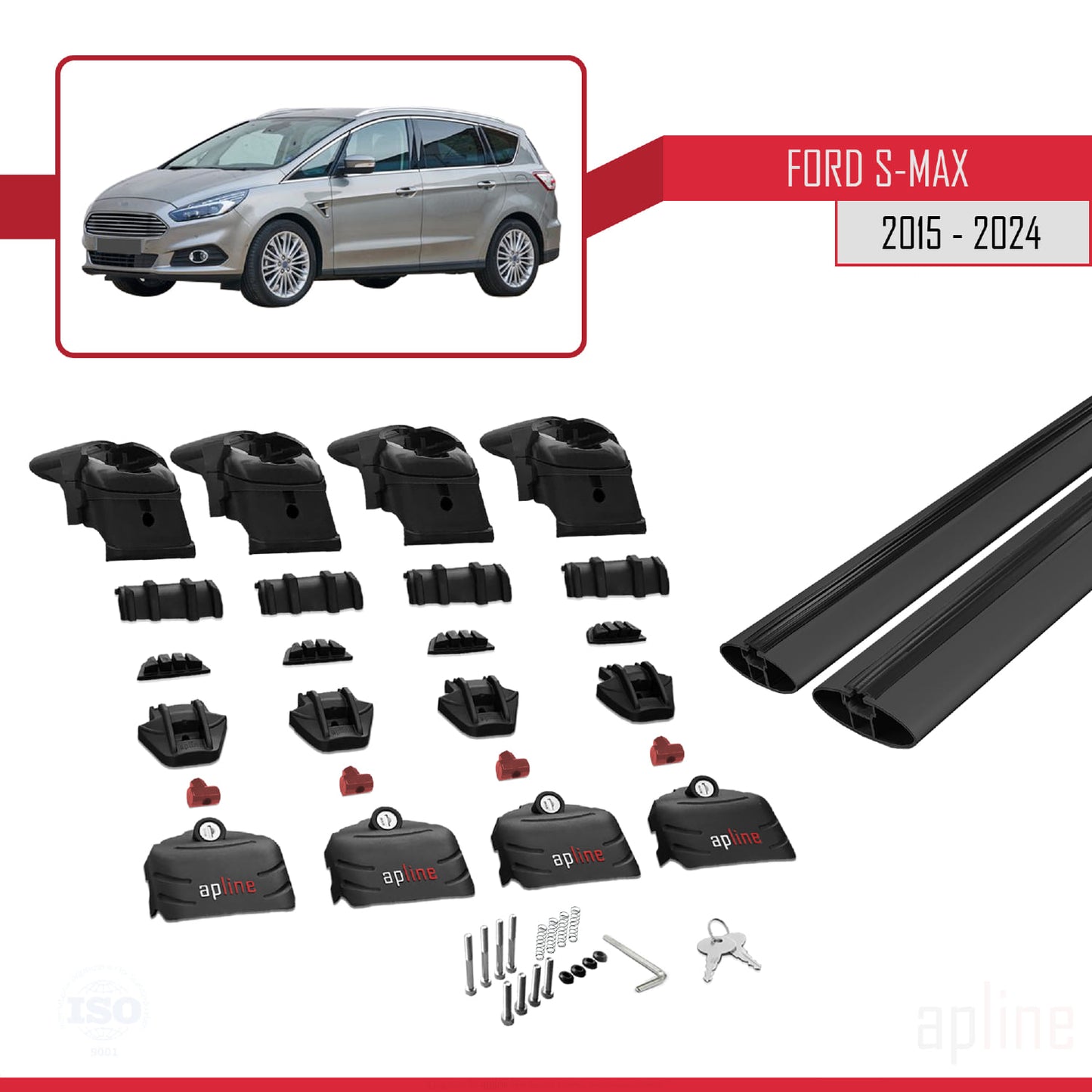 Compatible avec Ford S-Max 2 (CD539) 2015-2023 ACE-2 Barres de Toit Railing Porte-Bagages de Voiture Noir Aluminium 2 Barres