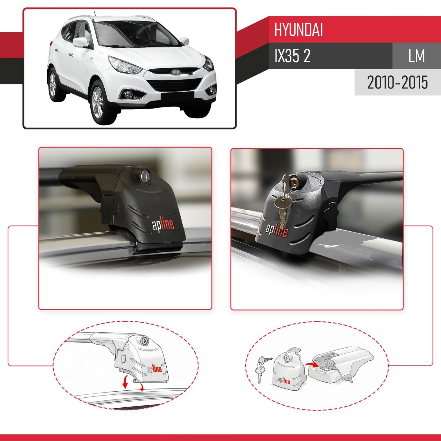 ACE-2 Dakdrager bagagedrager compatibel met Hyundai ix35 2 (LM) 2010-2015 Spoorstaven Zwart Aluminium 2 Staven