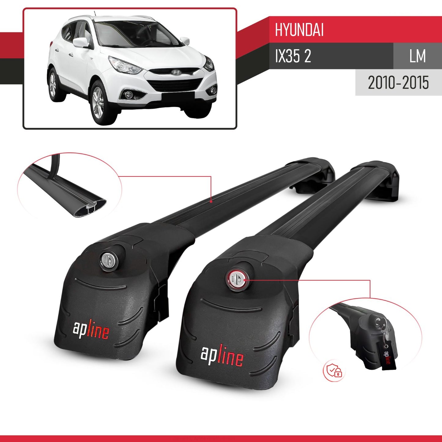 ACE-2 Dakdrager bagagedrager compatibel met Hyundai ix35 2 (LM) 2010-2015 Spoorstaven Zwart Aluminium 2 Staven