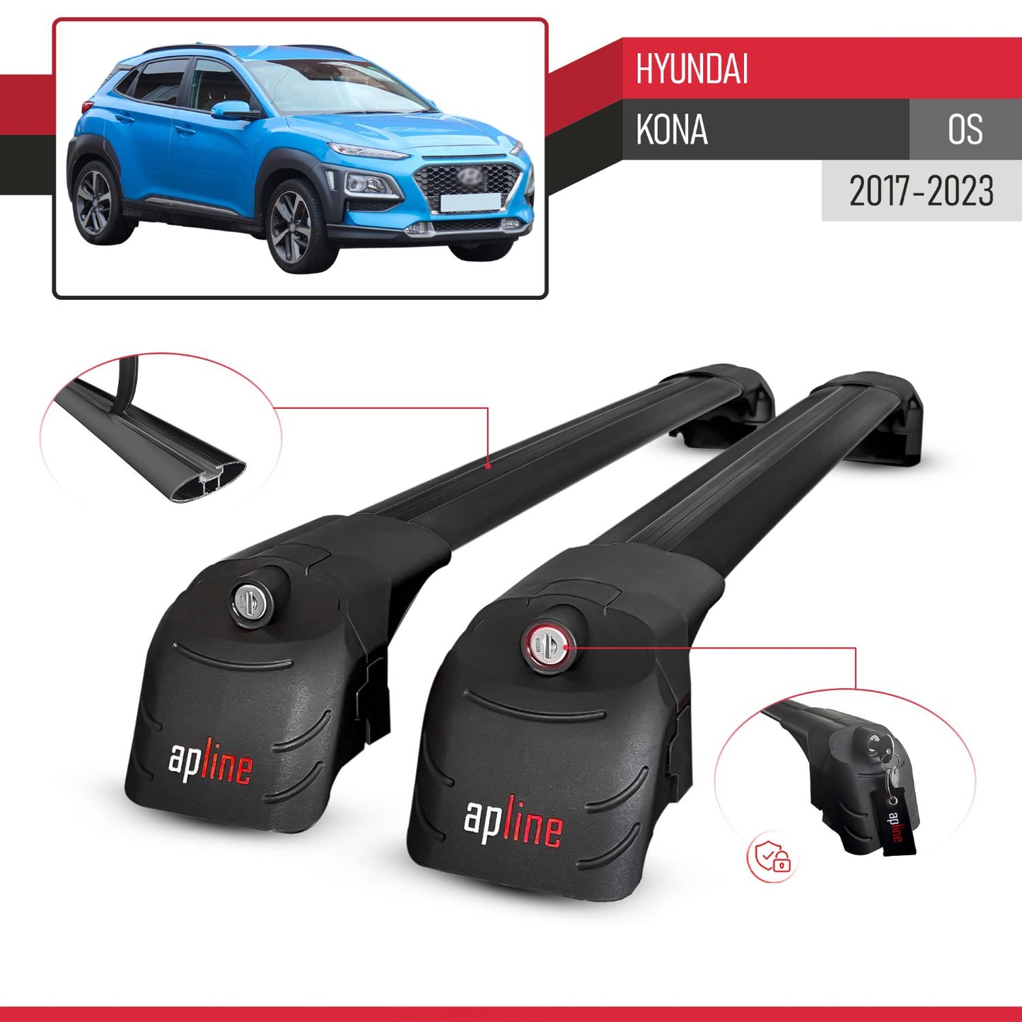ACE-2 Dakdrager bagagedrager compatibel met Hyundai Kona (OS) 2017-2022 Spoorstaven Zwart Aluminium 2 Staven