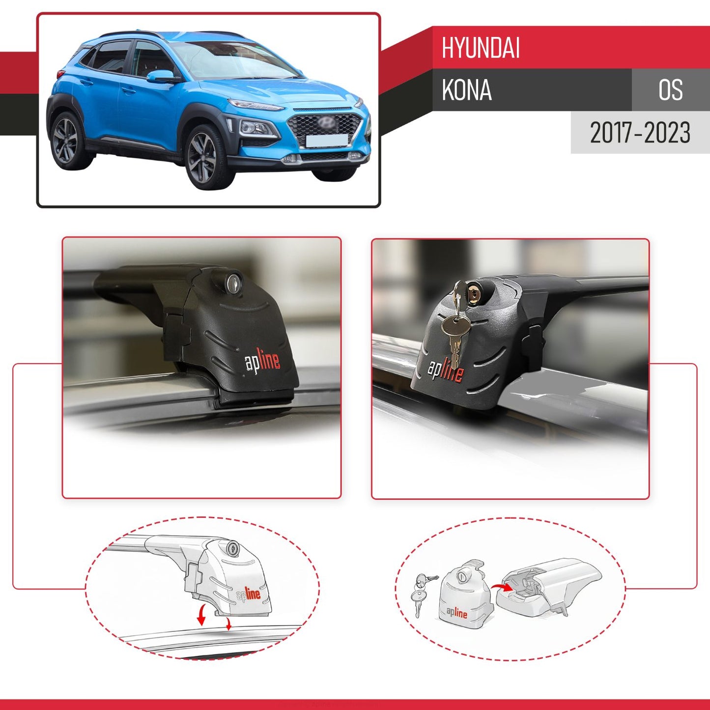 ACE-2 Dakdrager bagagedrager compatibel met Hyundai Kona (OS) 2017-2022 Spoorstaven Zwart Aluminium 2 Staven