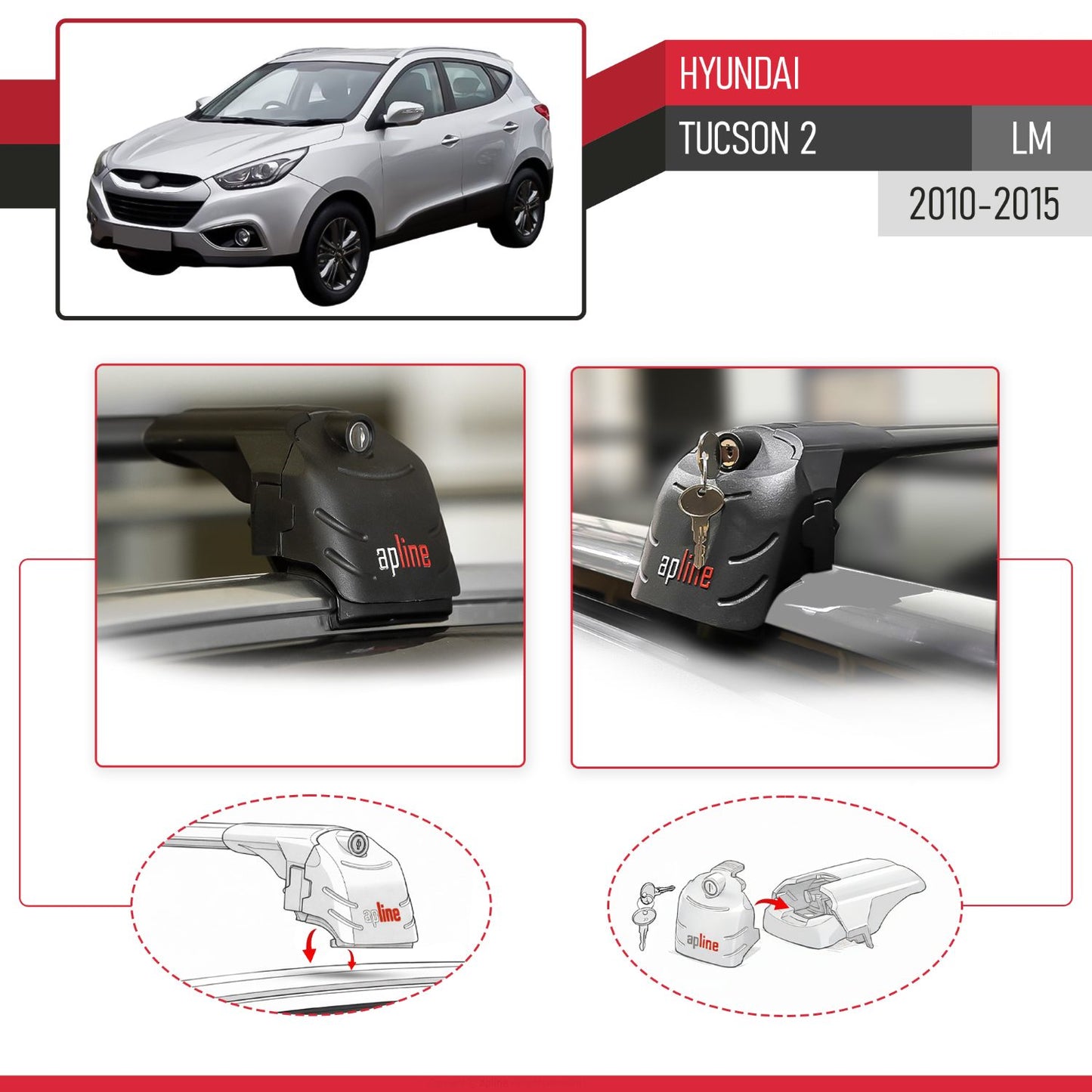 ACE-2 Dakdrager bagagedrager compatibel met Hyundai Tucson 2 (LM) 2010-2015 Spoorstaven Zwart Aluminium 2 Staven