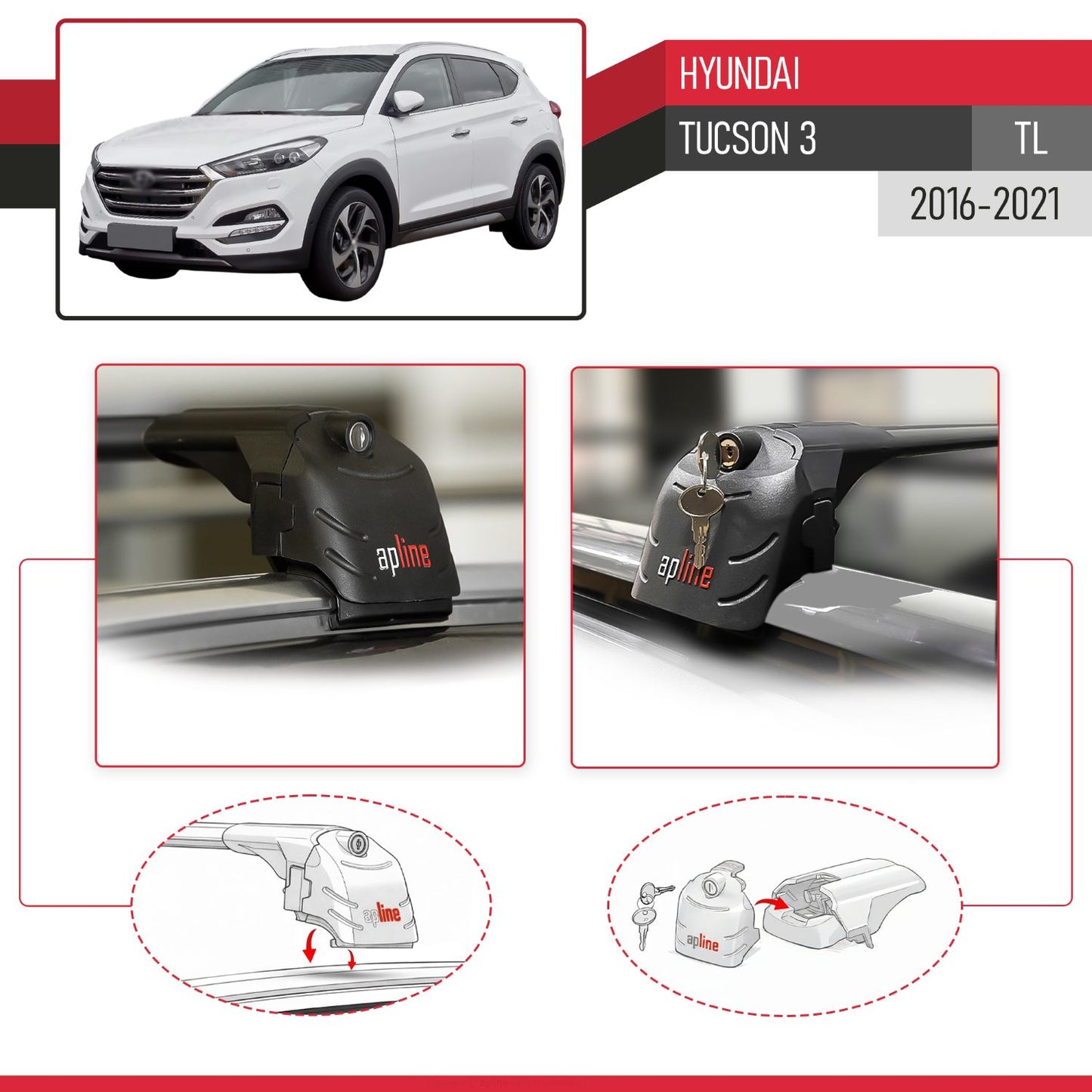 ACE-2 Dakdrager bagagedrager compatibel met Hyundai Tucson 3 (TL) 2016-2021 Spoorstaven Zwart Aluminium 2 Staven