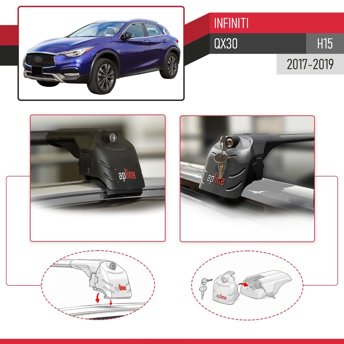 ACE-2 Dakdrager bagagedrager compatibel met Infiniti QX30 (H15) 2017-2019 Spoorstaven Zwart Aluminium 2 Staven