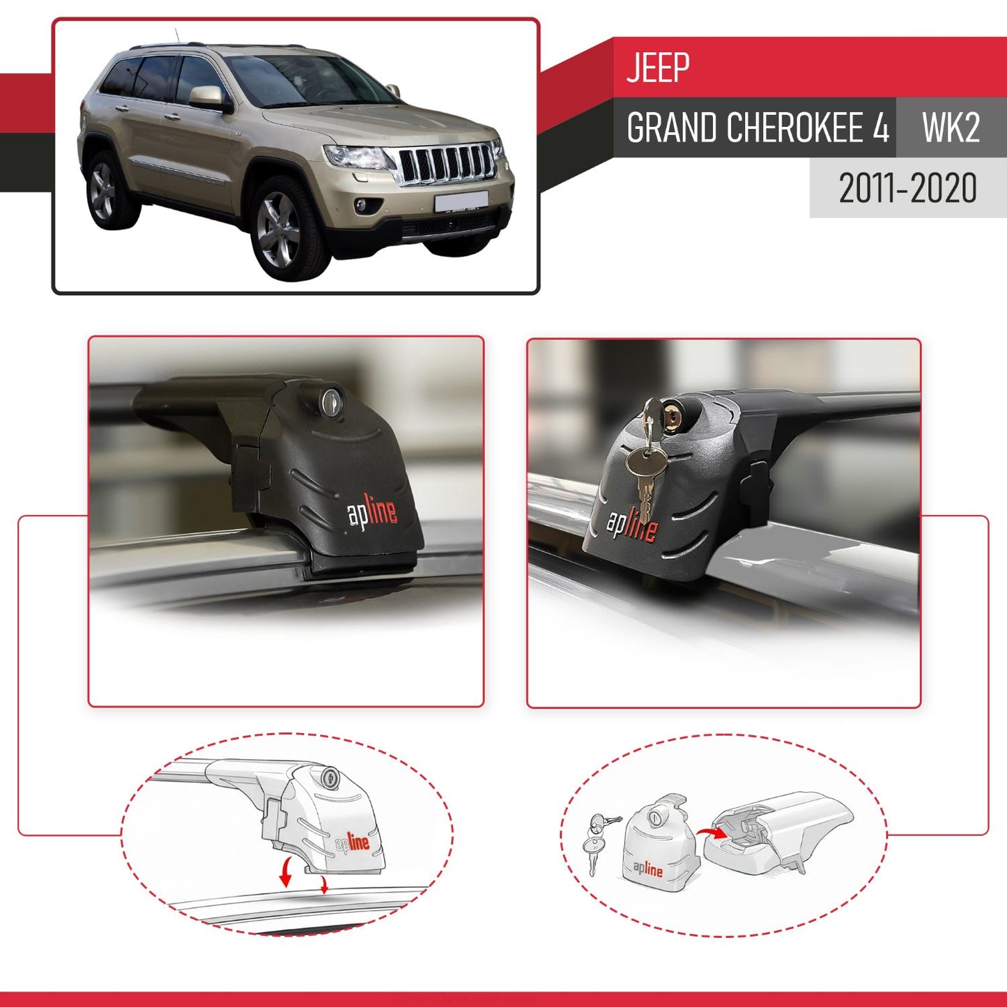 ACE-2 Dakdrager bagagedrager compatibel met Jeep Grand Cherokee 4 (WK2) 2011-2020 Spoorstaven Zwart Aluminium 2 Staven
