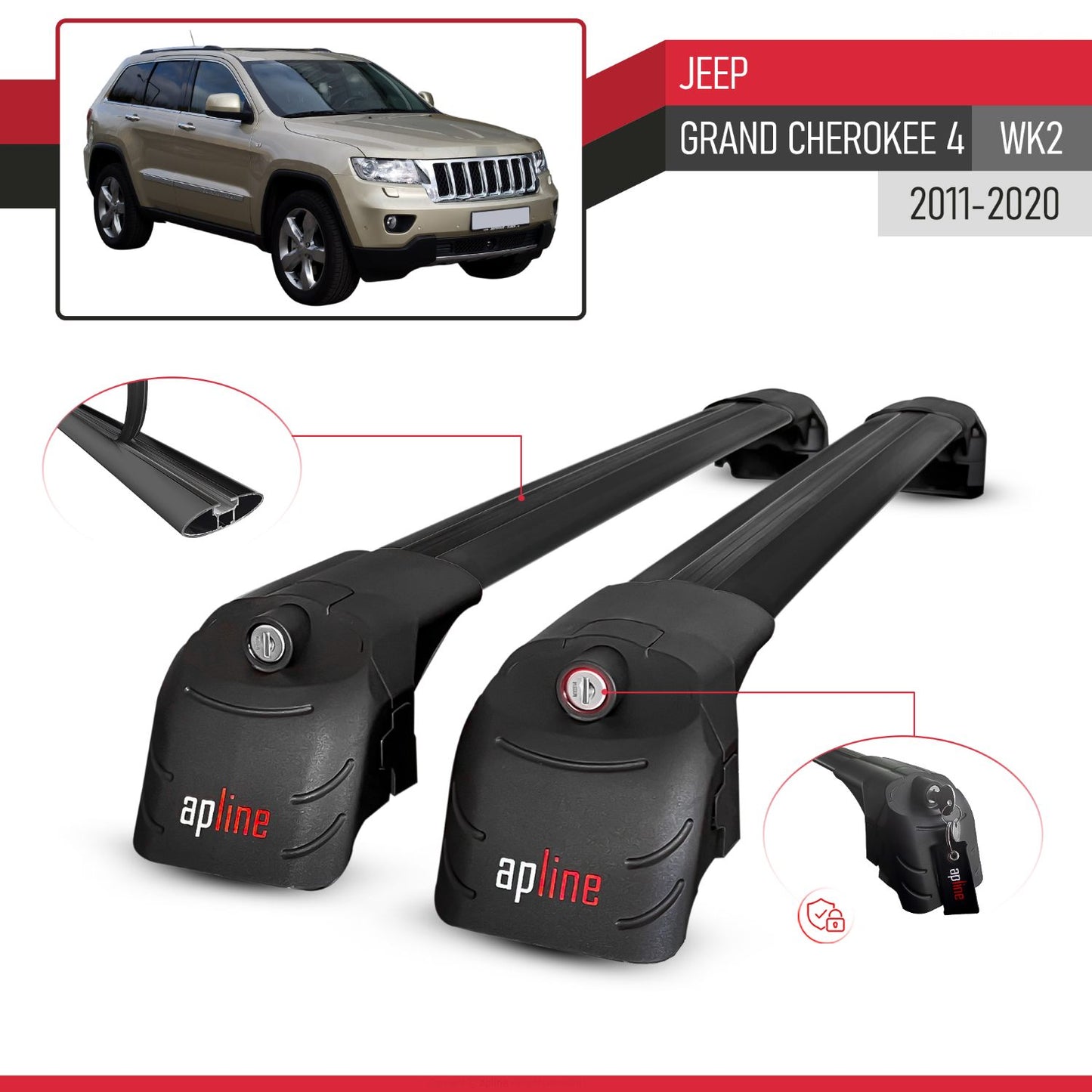 ACE-2 Dakdrager bagagedrager compatibel met Jeep Grand Cherokee 4 (WK2) 2011-2020 Spoorstaven Zwart Aluminium 2 Staven