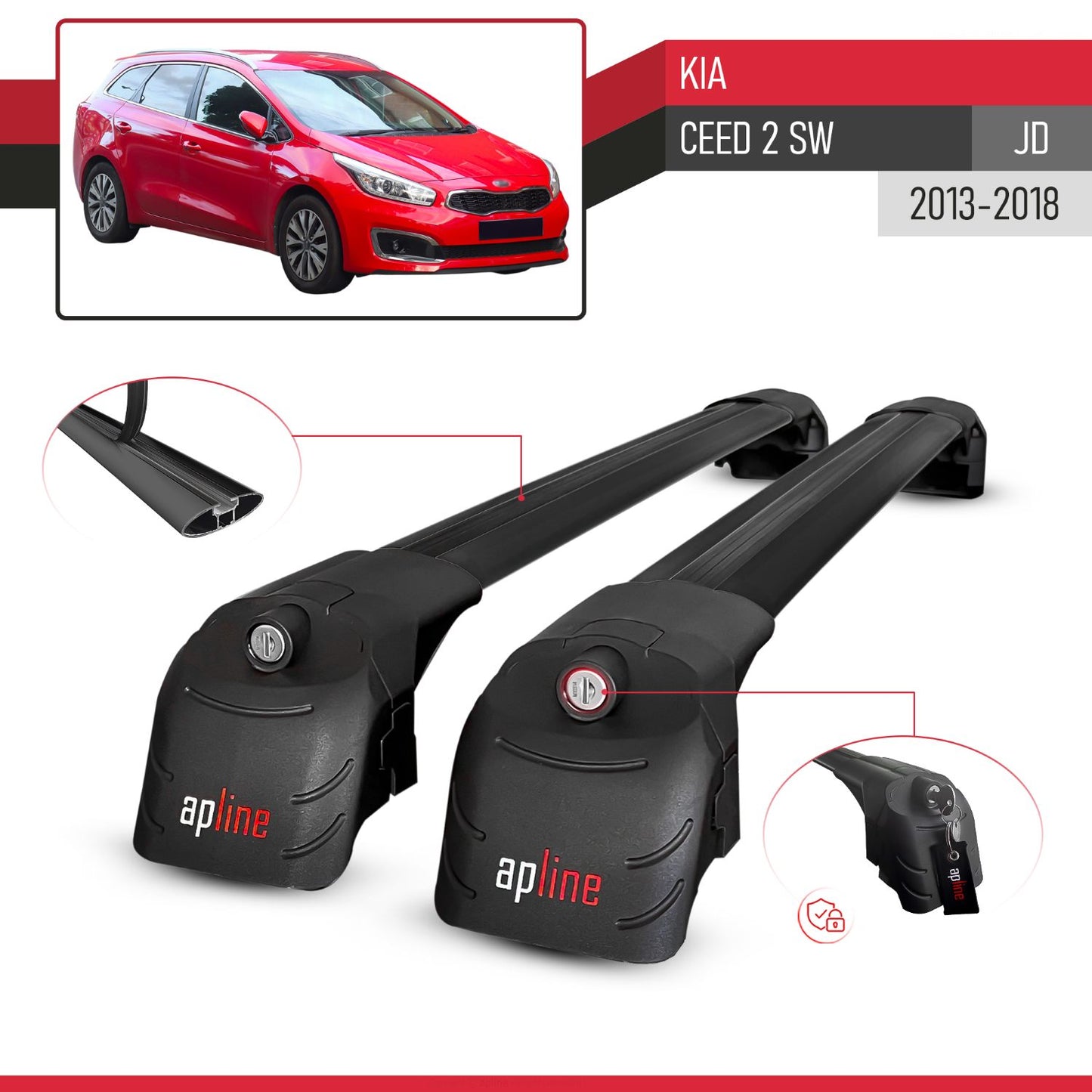 Compatible with Kia Ceed 2 (JD) SW 2013-2018 ACE-2 Car Roof Rack Cross Bar Black Aluminium 2 Bars
