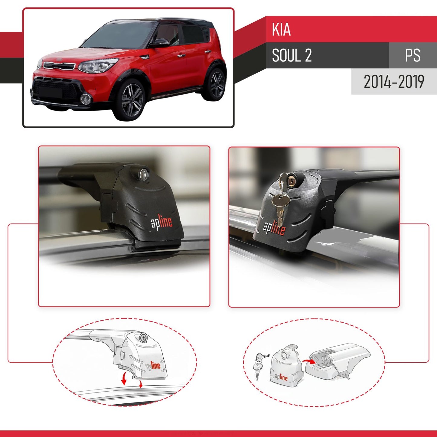 Compatible with Kia Soul 2 (PS) 2014-2019 ACE-2 Car Roof Rack Cross Bar Black Aluminium 2 Bars